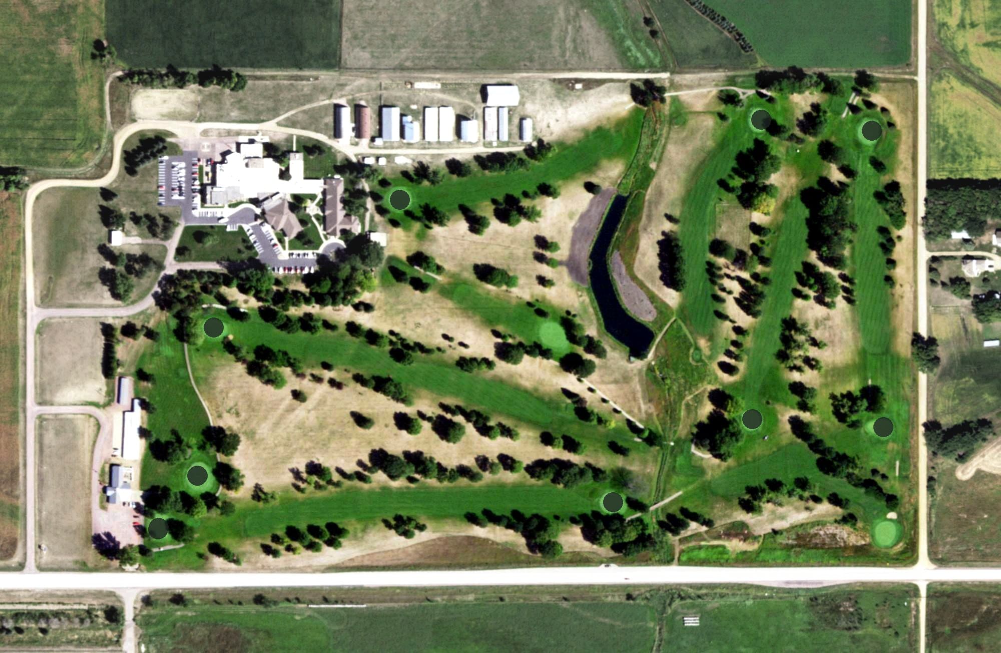 Aerial view of Hiawatha Golf Club, SD, with its hole routing marked