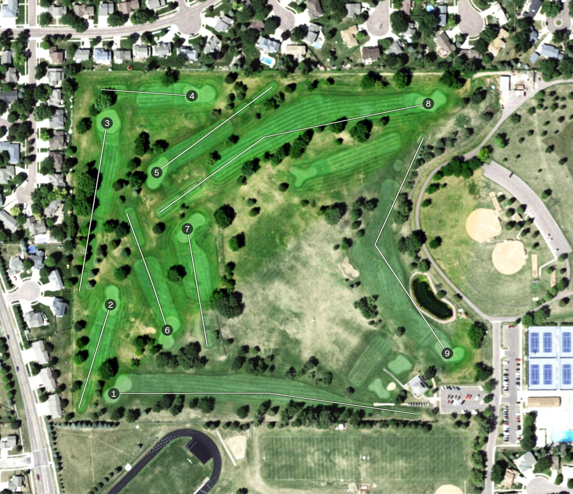 Aerial view of Kuehn Golf Course, SD, with its hole routing marked