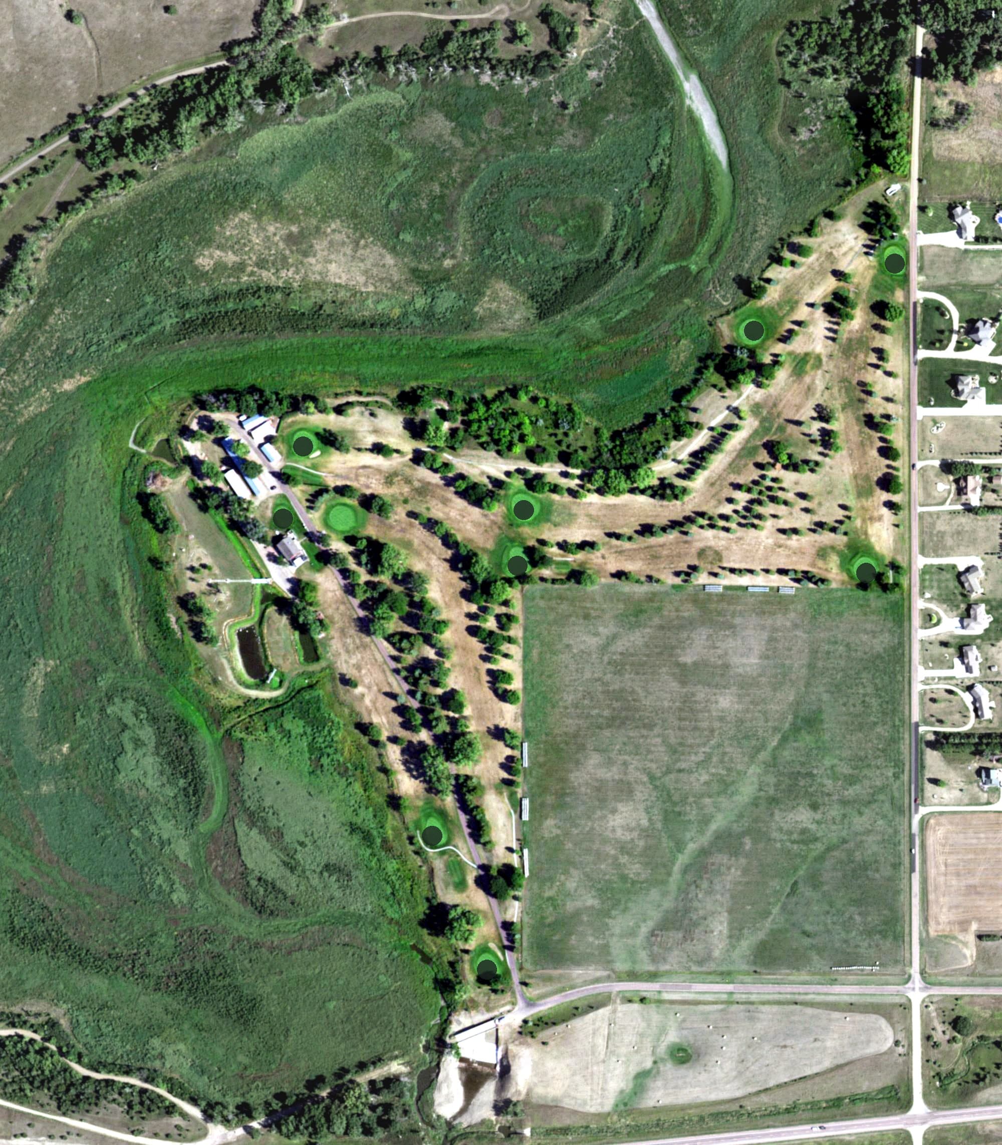 Aerial view of Lake Platte Golf Club, SD, with its hole routing marked