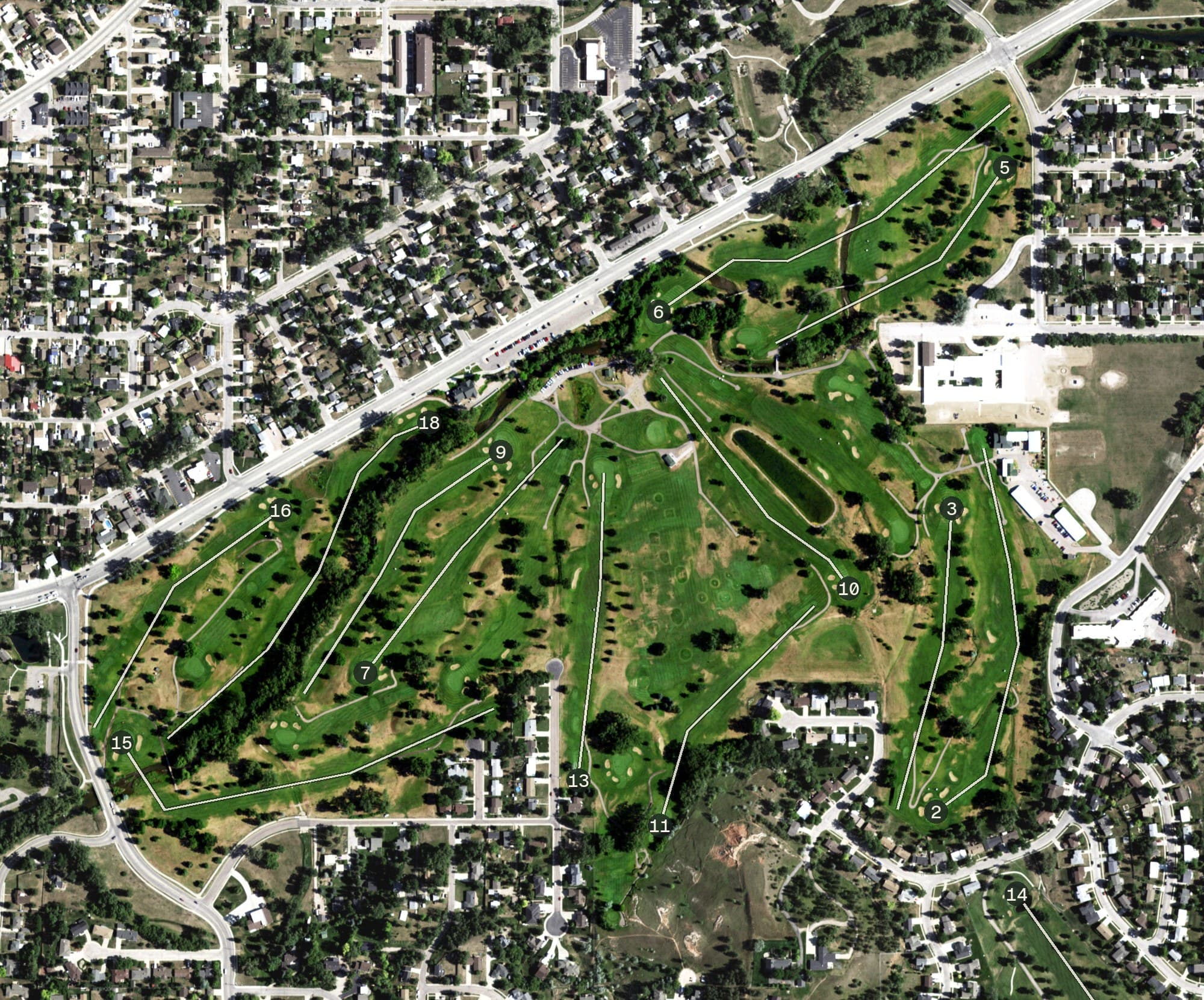 Aerial view of Meadowbrook Golf Course, SD, with its hole routing marked