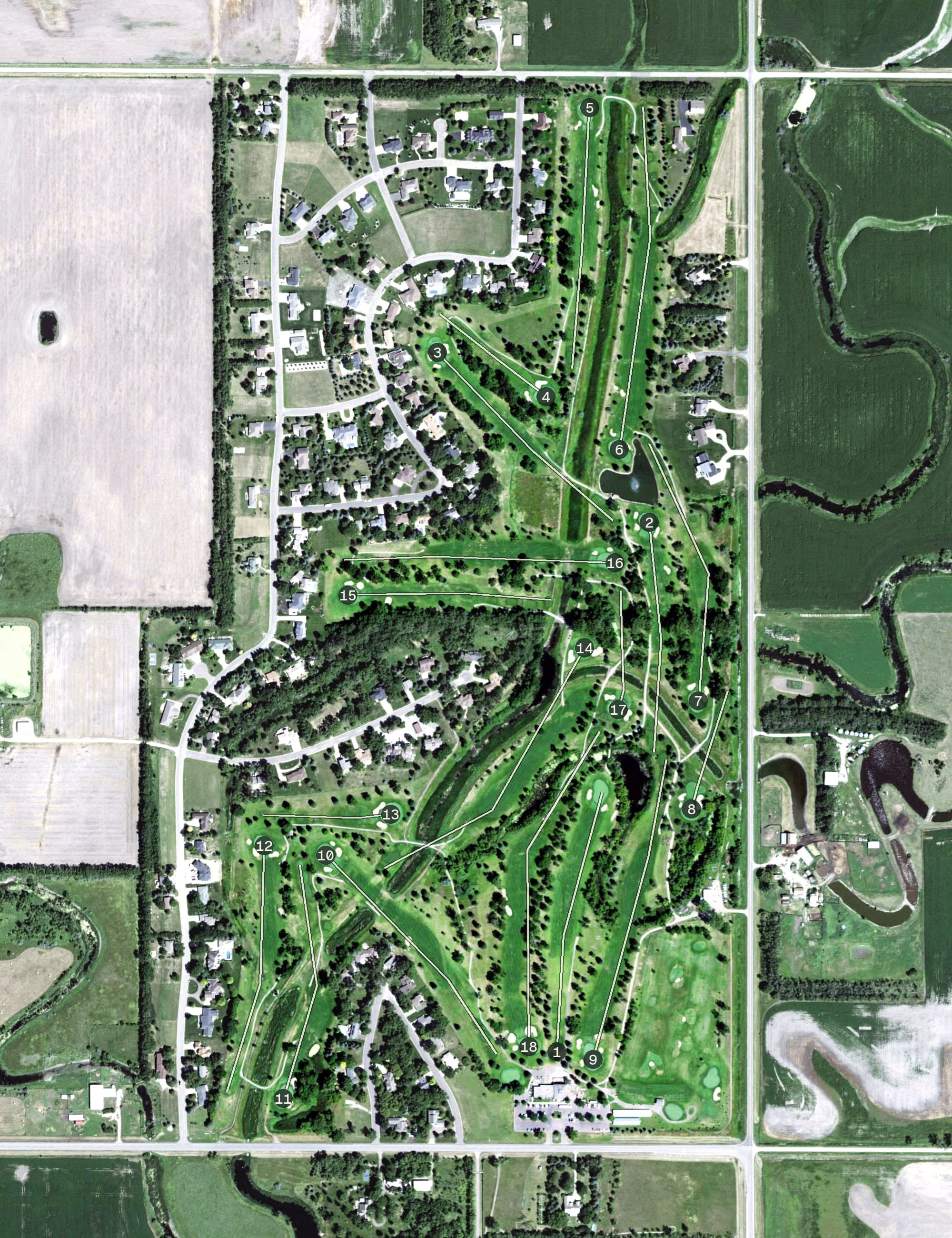 Aerial view of Moccasin Creek Country Club, SD, with its hole routing marked