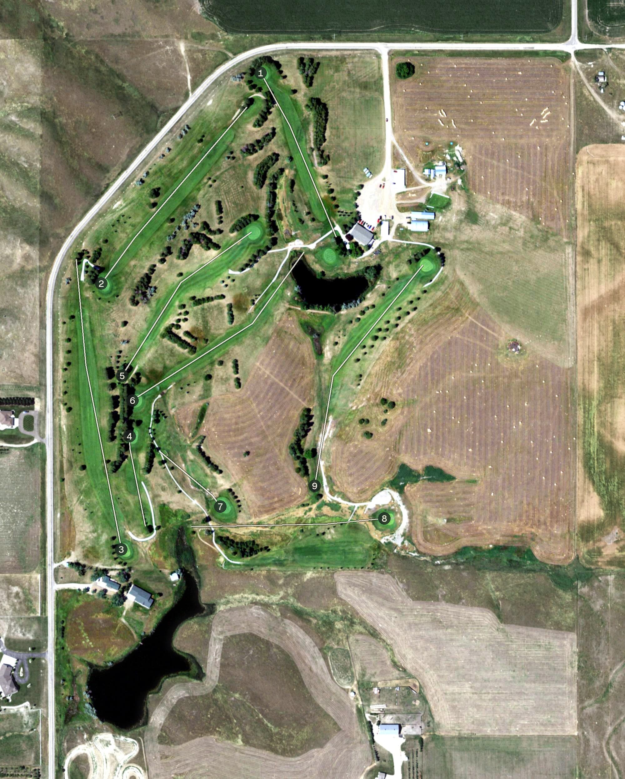Aerial view of Oahe Hills Golf Course, SD, with its hole routing marked