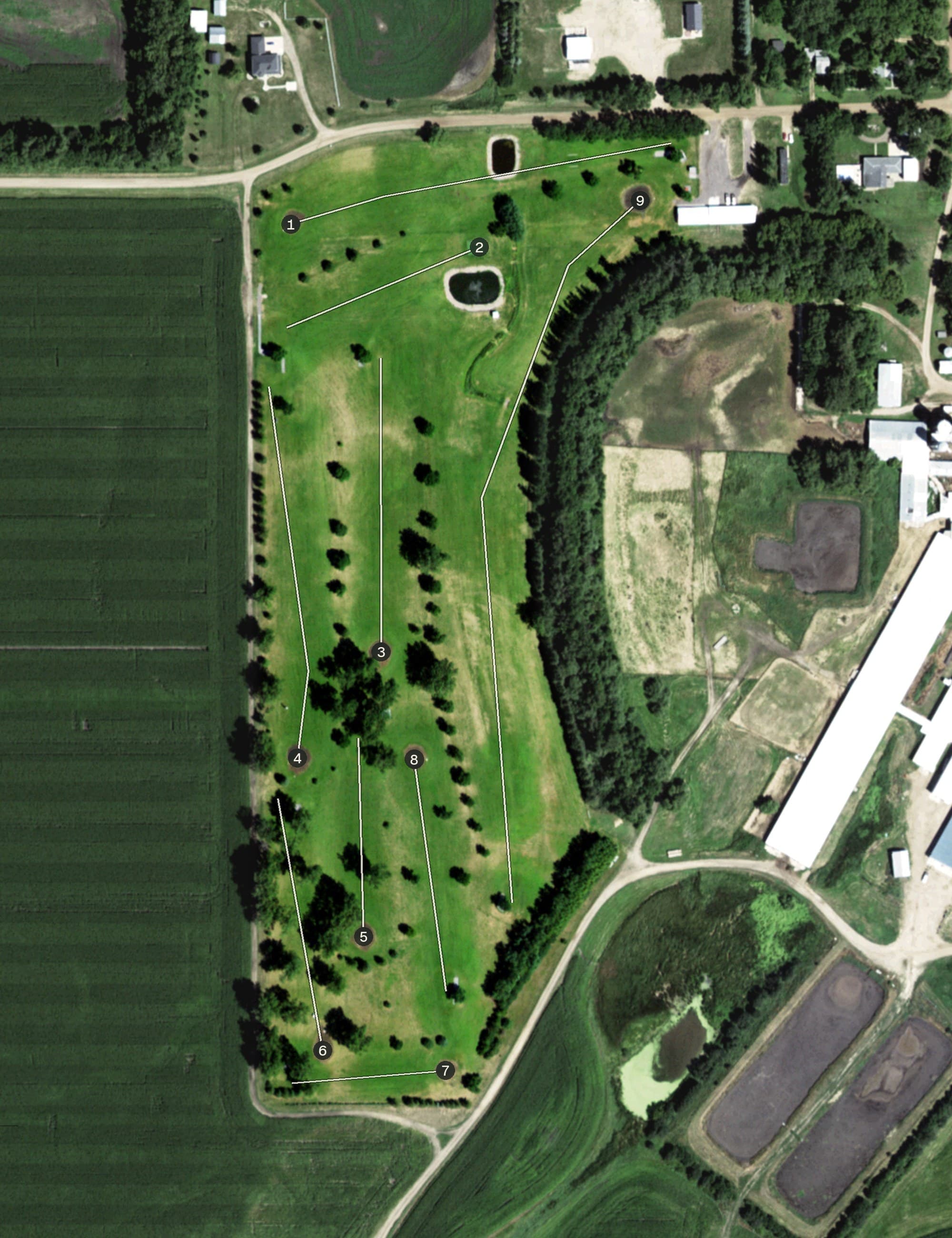 Aerial view of Prairie Dunes Golf Course, SD, with its hole routing marked