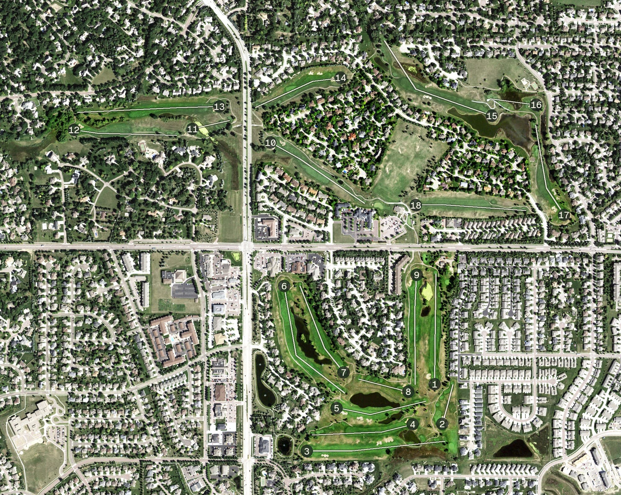 Aerial view of Prairie Green Golf Course, SD, with its hole routing marked