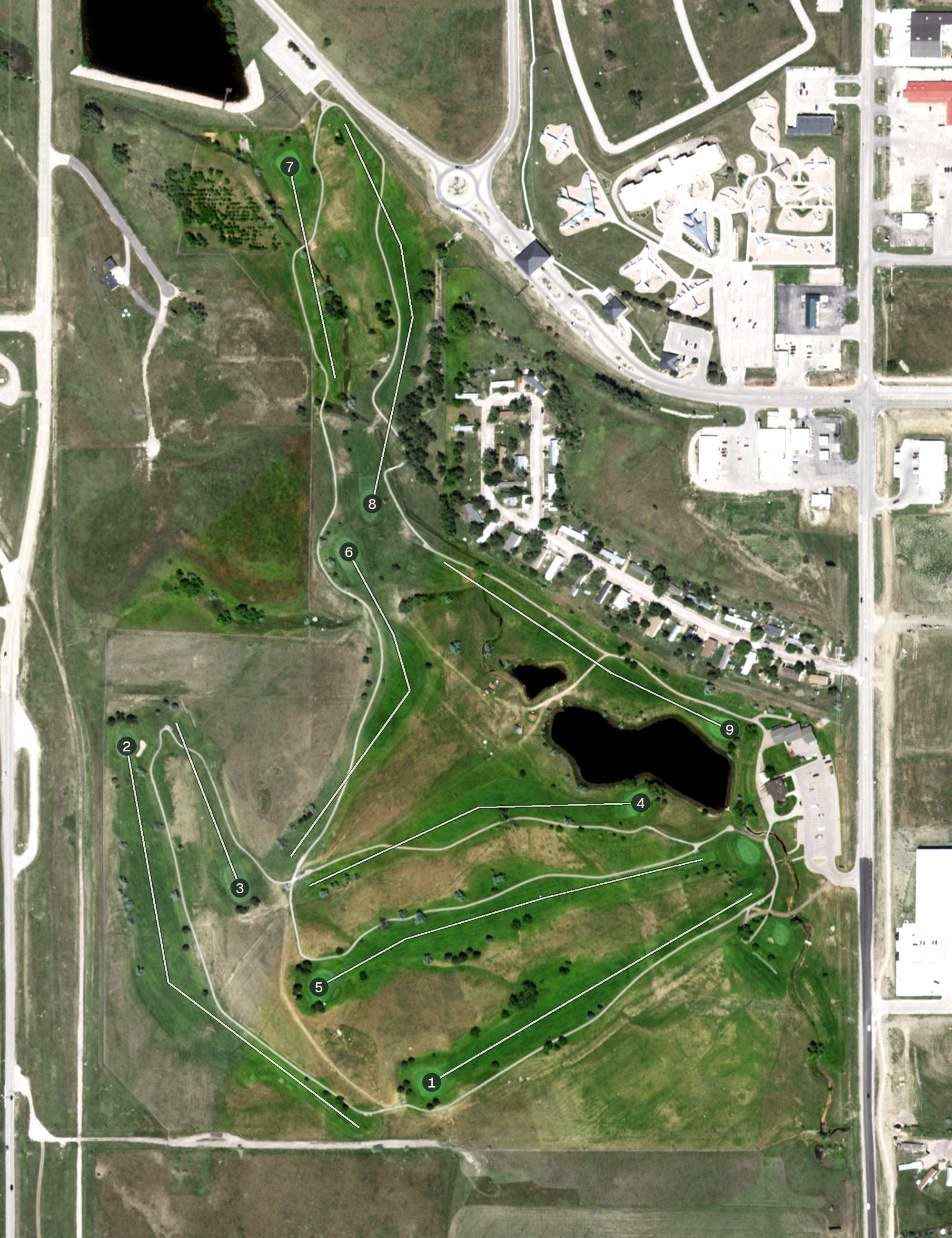Aerial view of Prairie Ridge Golf Course, SD, with its hole routing marked
