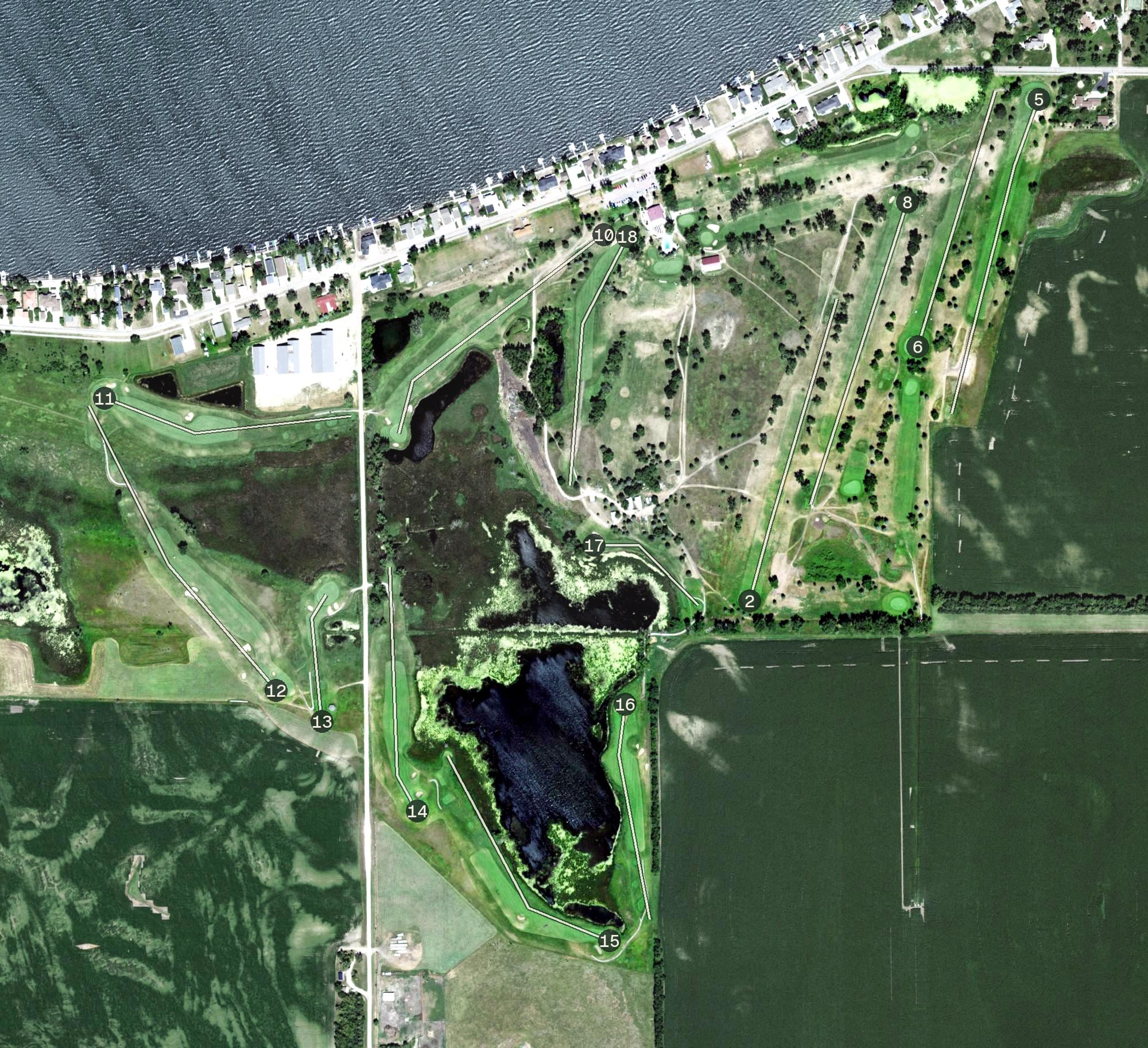 Aerial view of Prairie Winds Golf Club, SD, with its hole routing marked