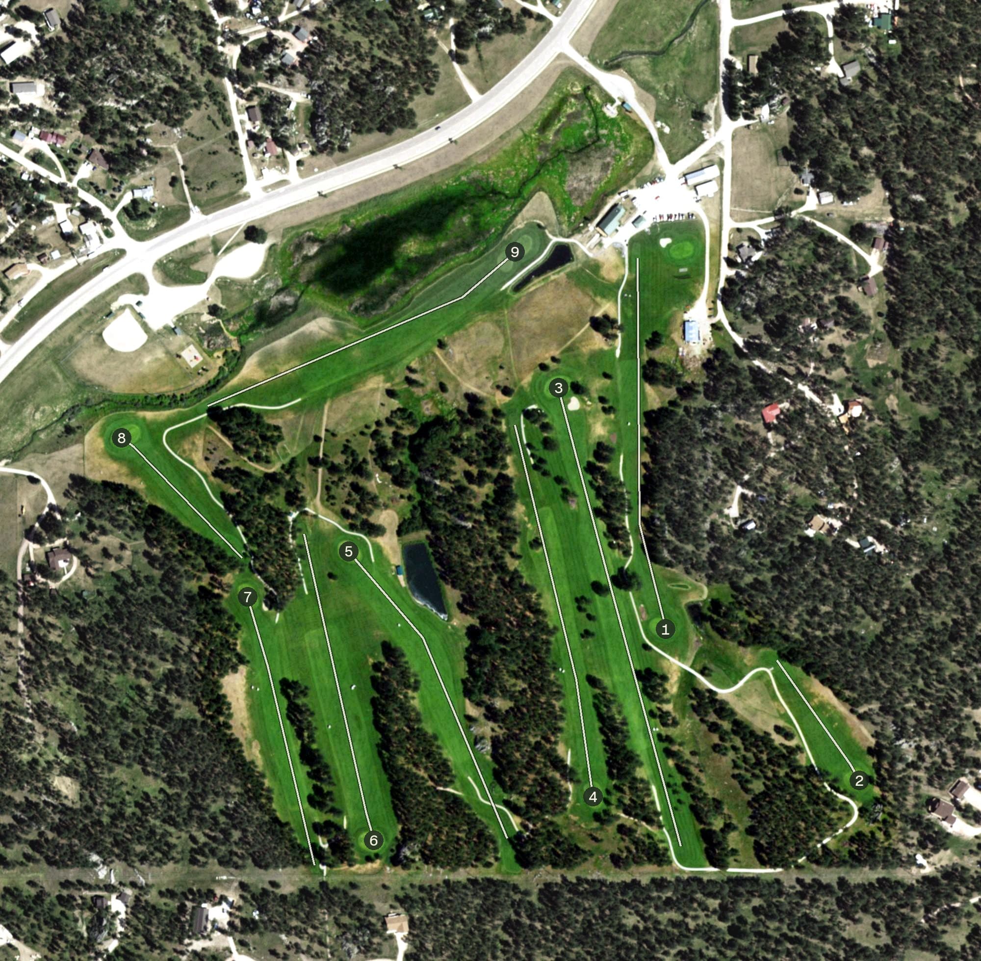 Aerial view of Rocky Knolls Golf Course, SD, with its hole routing marked