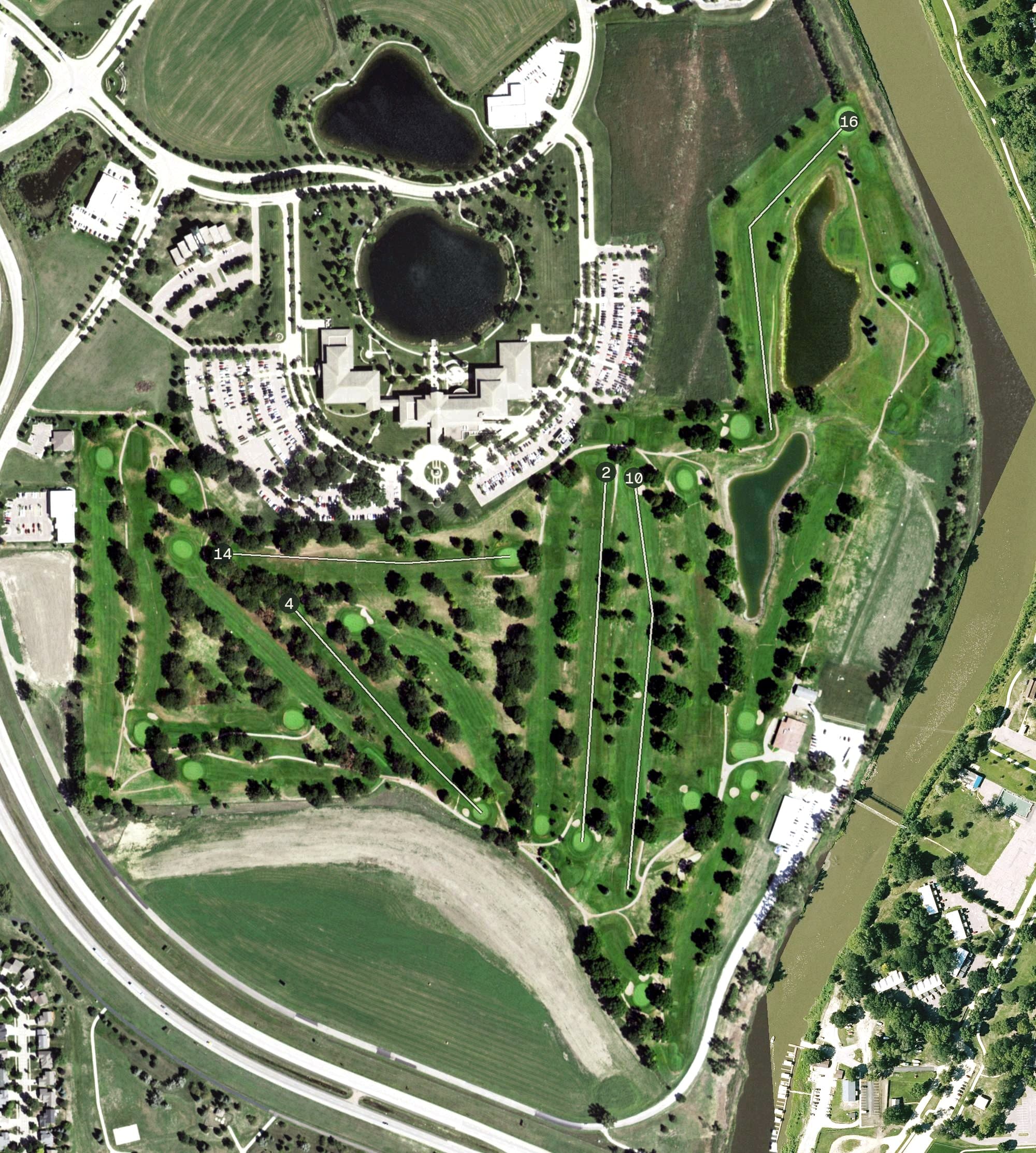 Aerial view of Two Rivers Golf Club, SD, with its hole routing marked