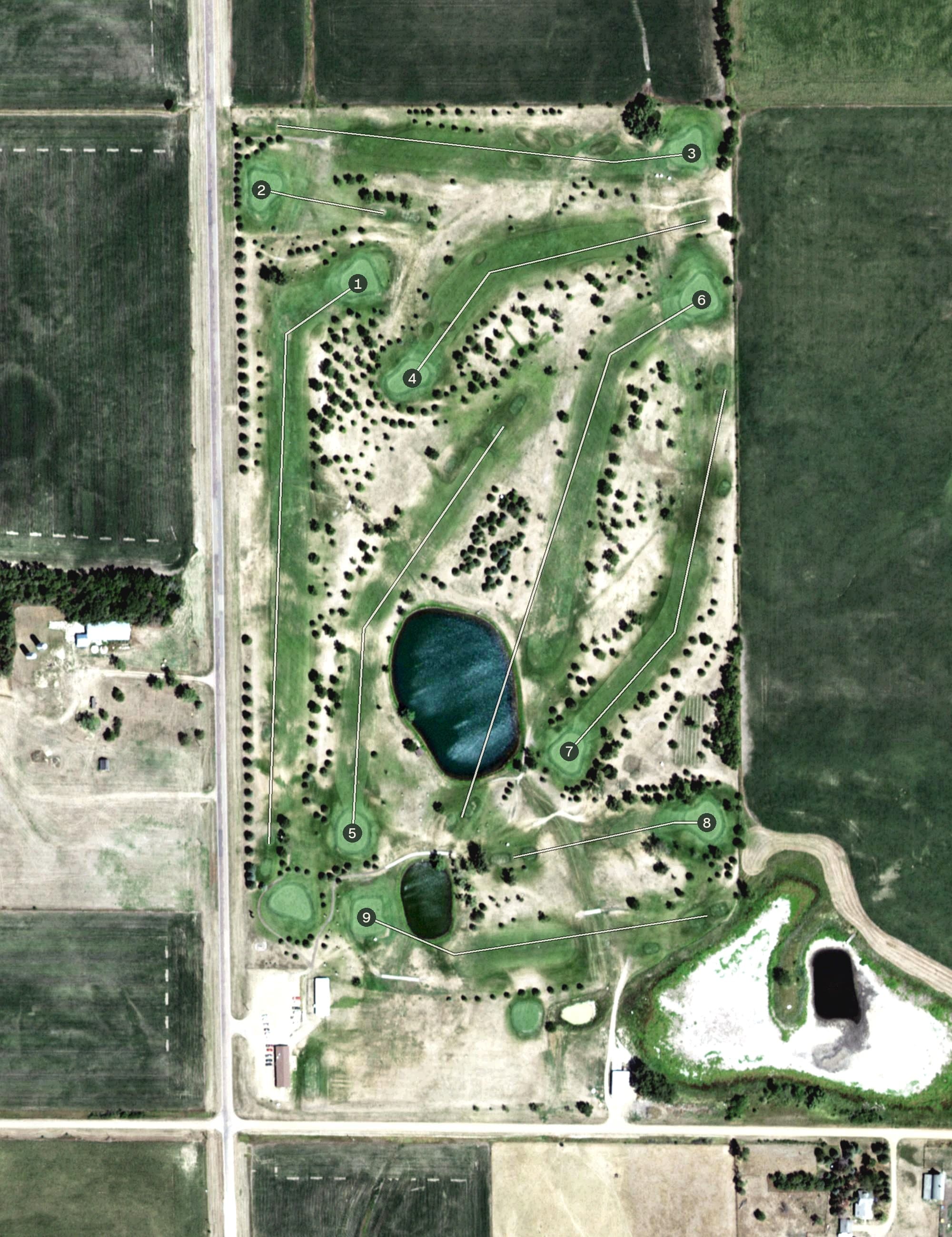 Aerial view of Valley View Golf Course, SD, with its hole routing marked