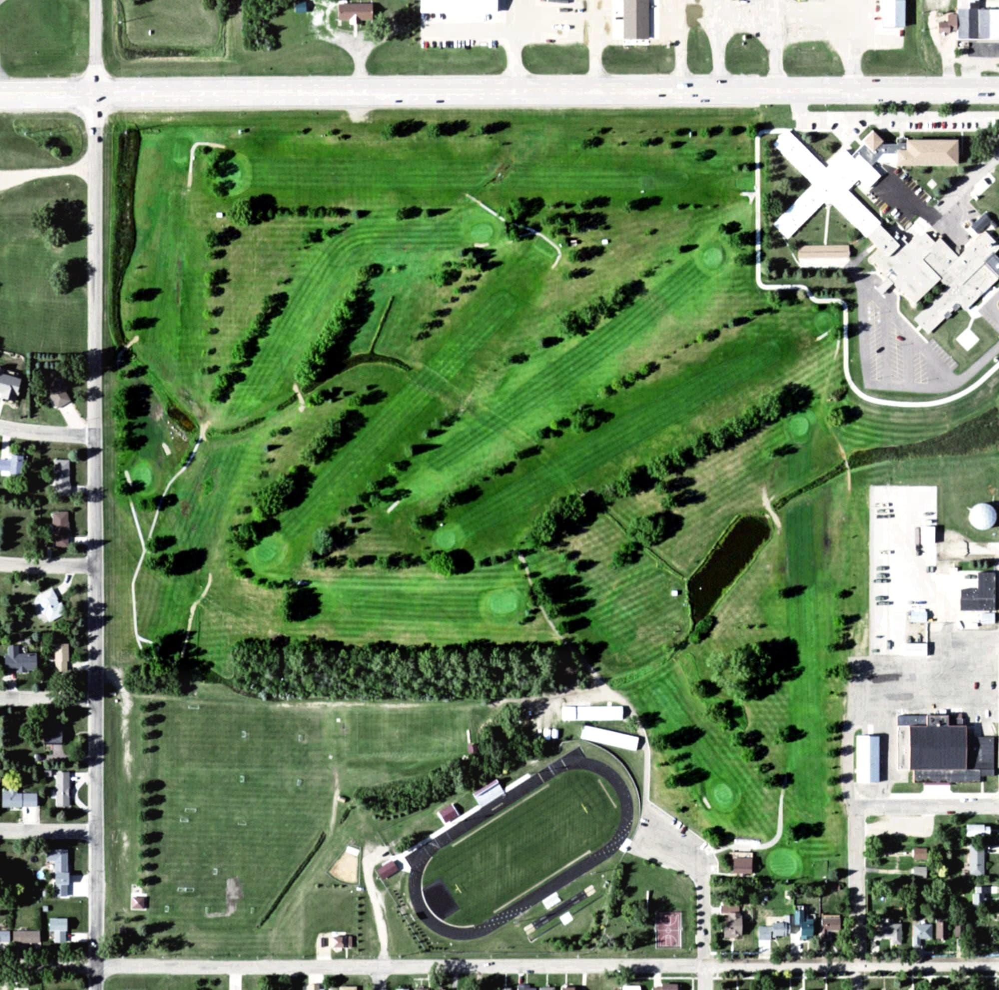 Aerial view of Webster Golf Club, SD, with its hole routing marked