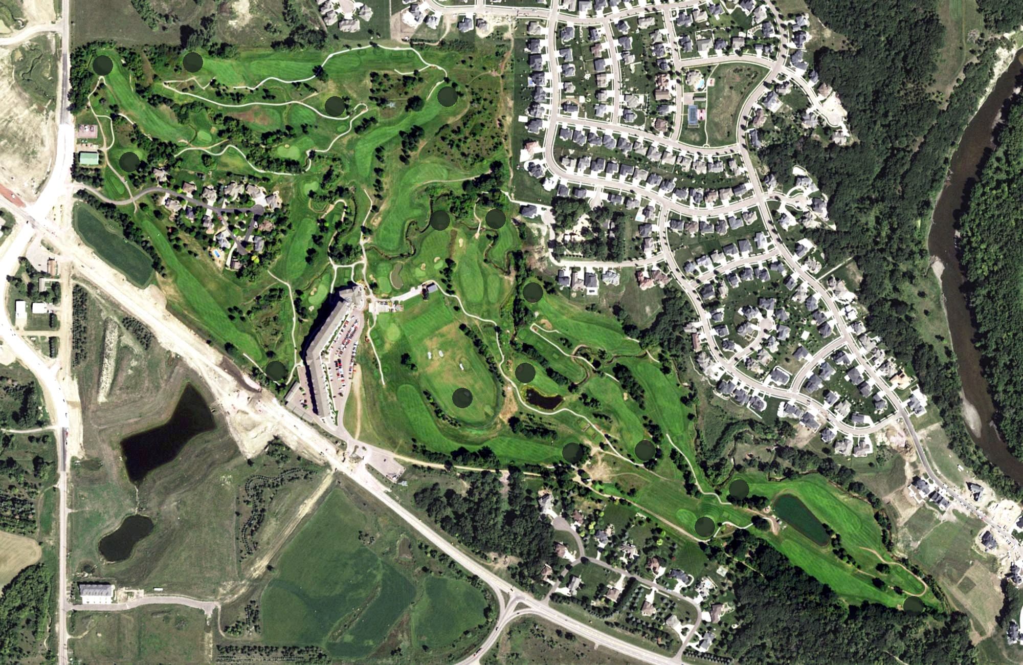 Aerial view of Willow Run Golf Course, SD, with its hole routing marked