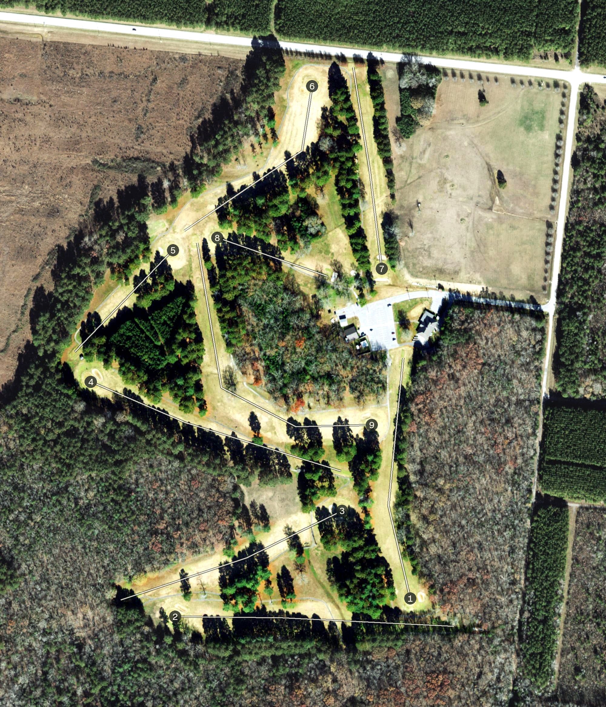 Aerial view of Arnold Golf Course, TN, with its hole routing marked