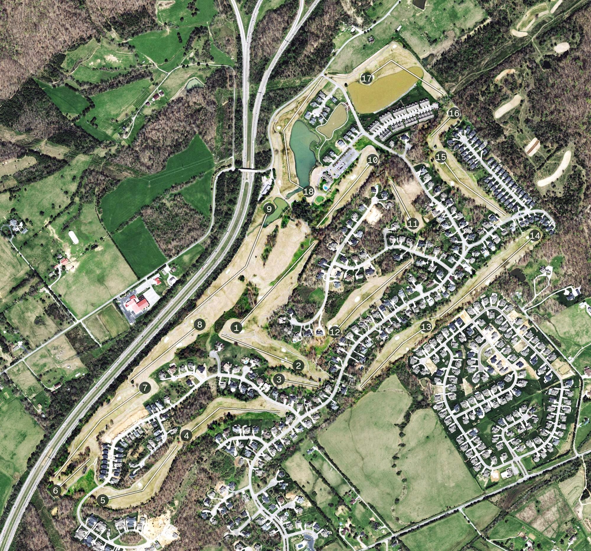 Aerial view of Avalon Golf & Country Club, TN, with its hole routing marked