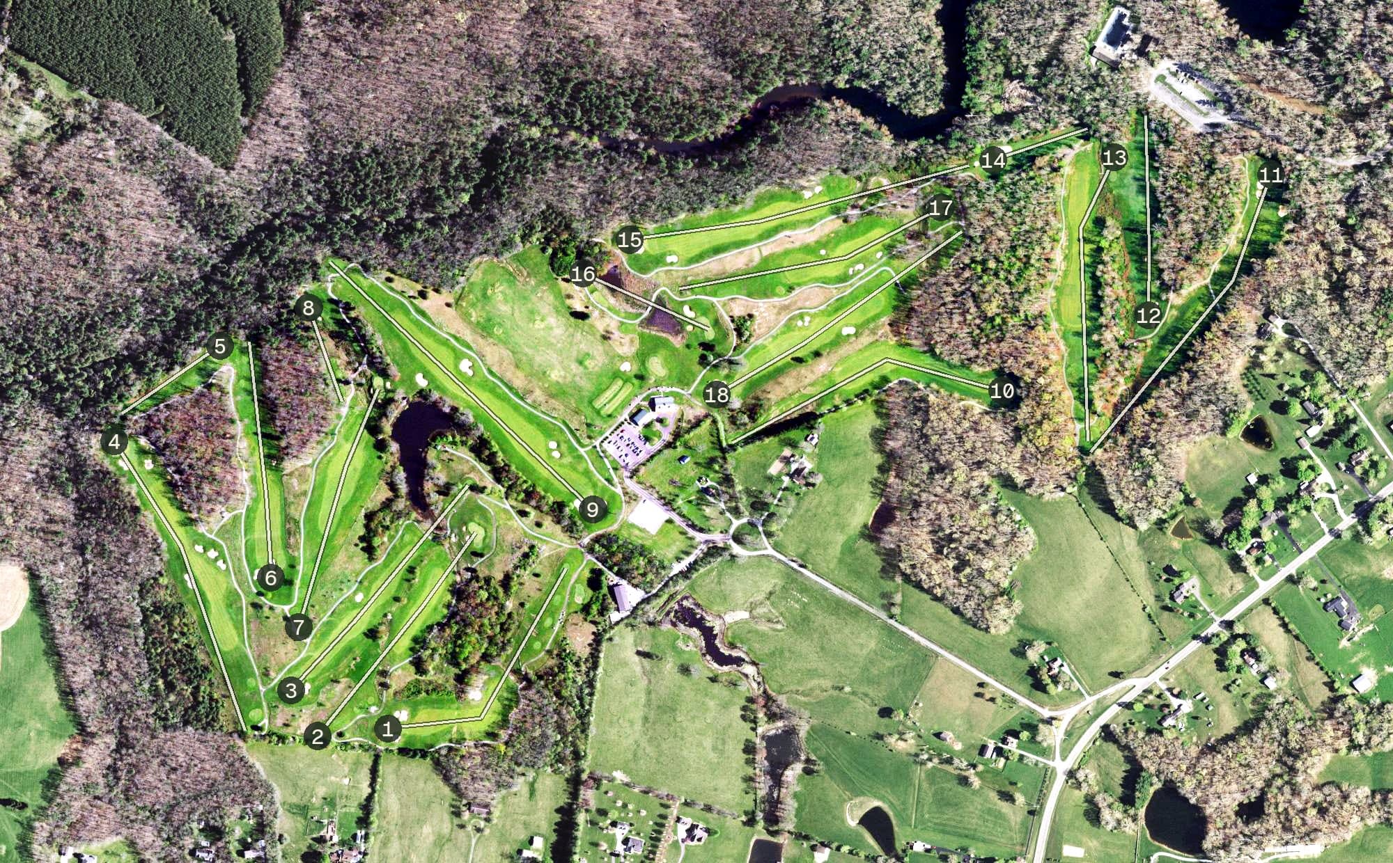 Aerial view of Bear Trace at Cumberland Mountain State Park, TN, with its hole routing marked
