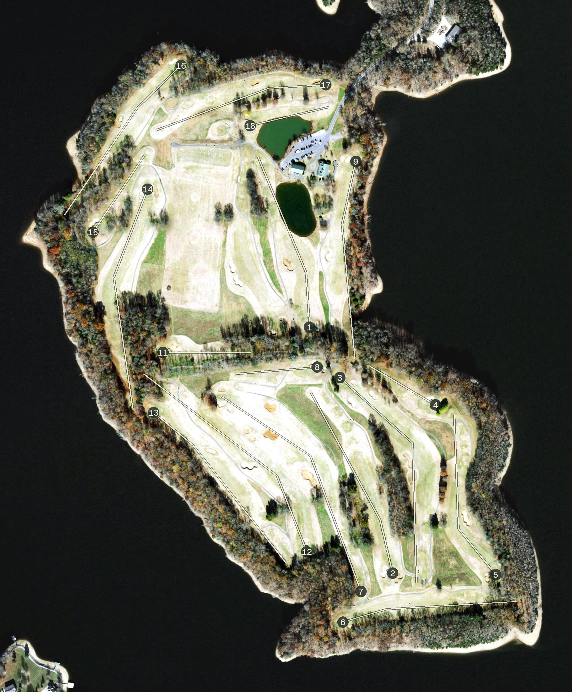 Aerial view of Bear Trace Golf Course, TN, with its hole routing marked