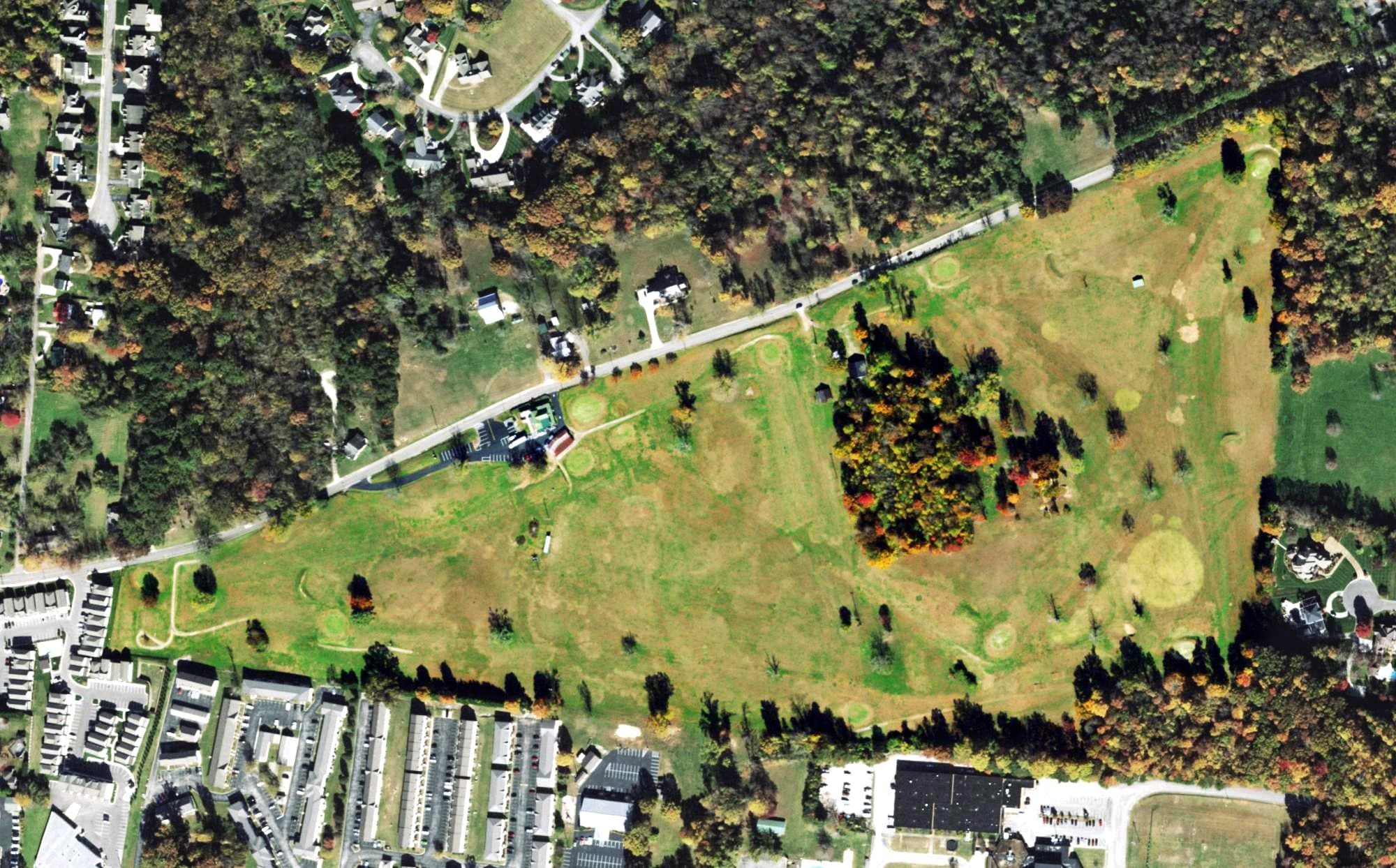 Aerial view of Belle Acres Golf Course, TN, with its hole routing marked
