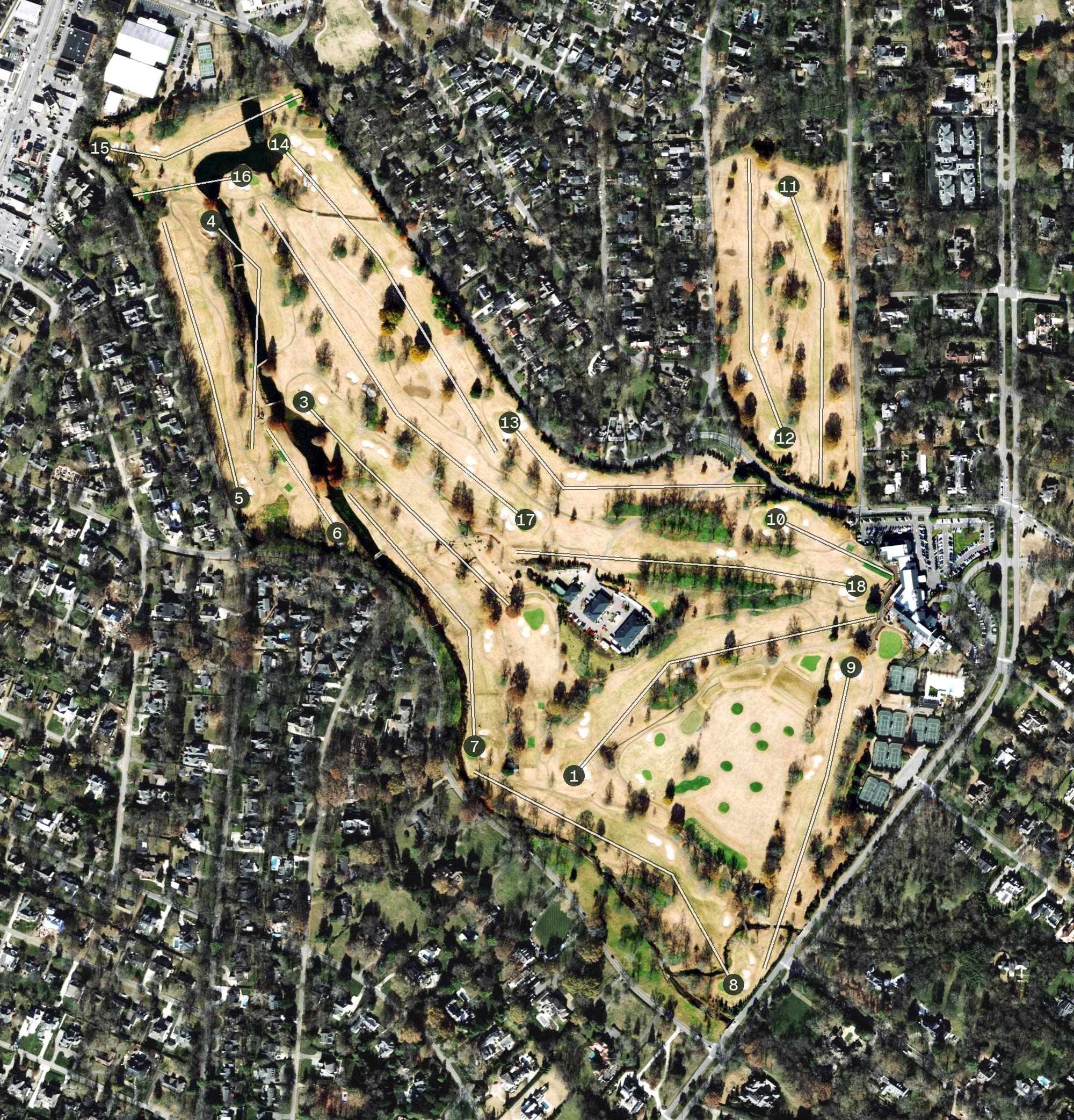Aerial view of Belle Meade, TN, with its hole routing marked