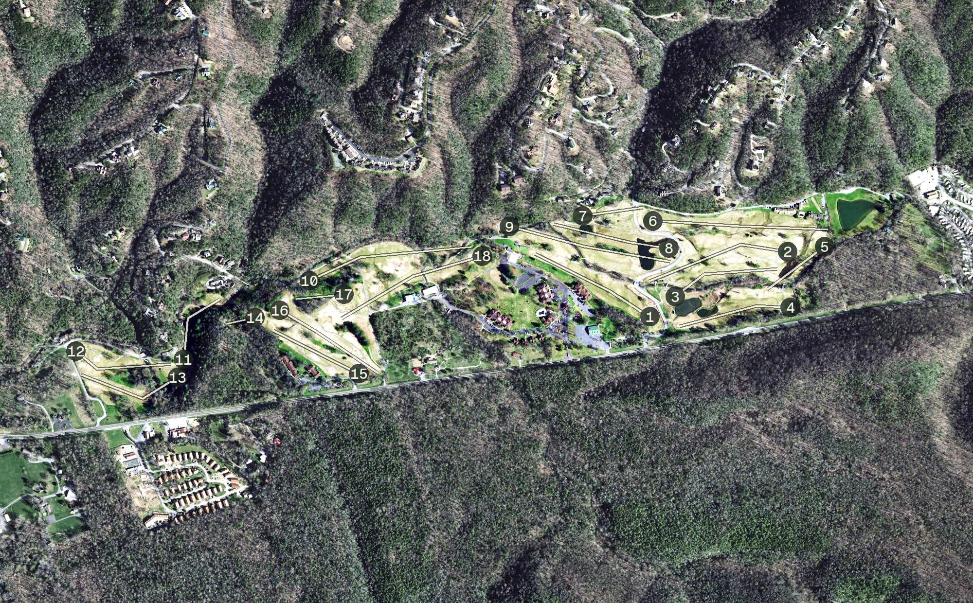 Aerial view of Bent Creek Golf Course, TN, with its hole routing marked