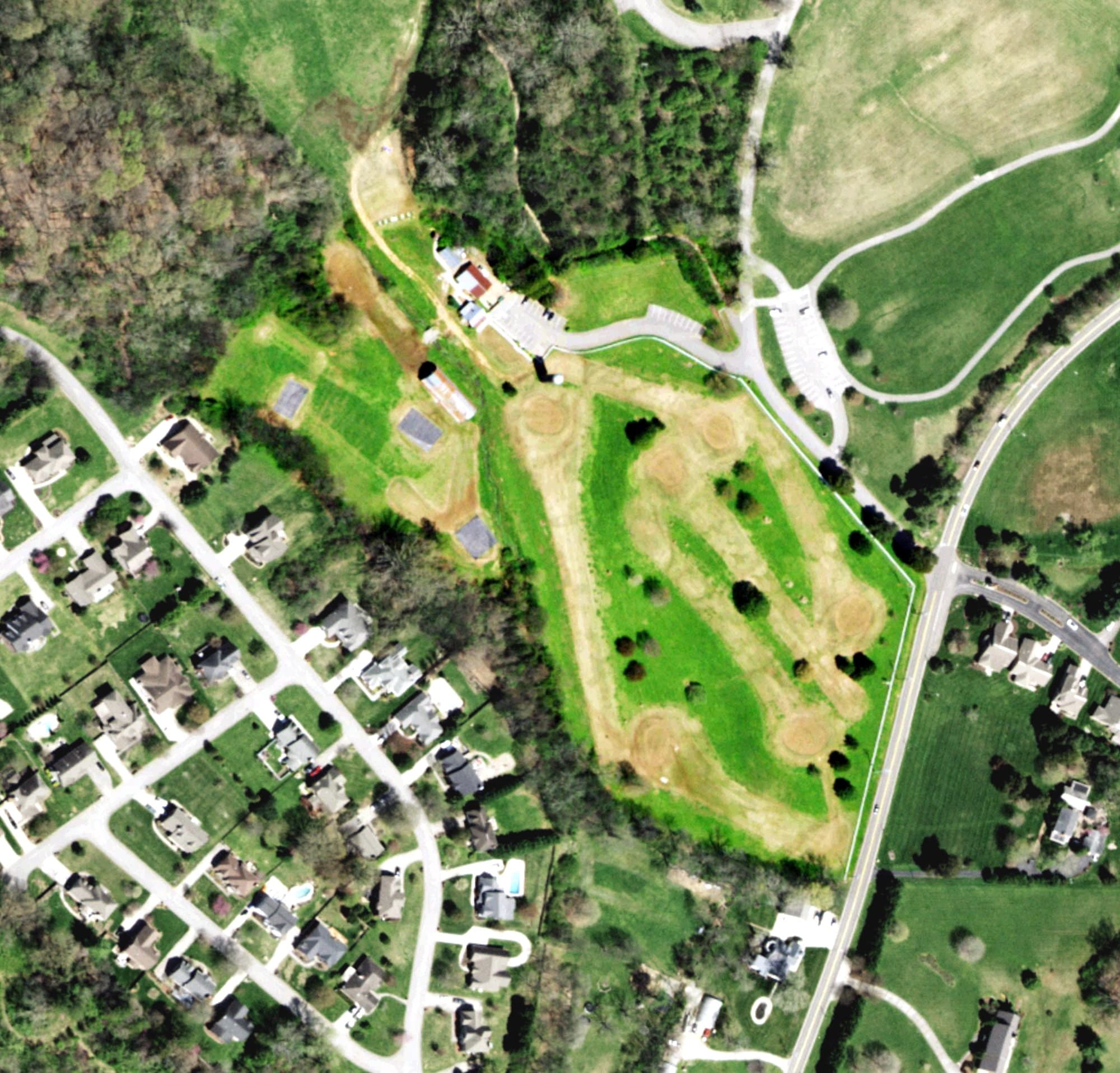 Aerial view of Beverly Park Golf Course, TN, with its hole routing marked