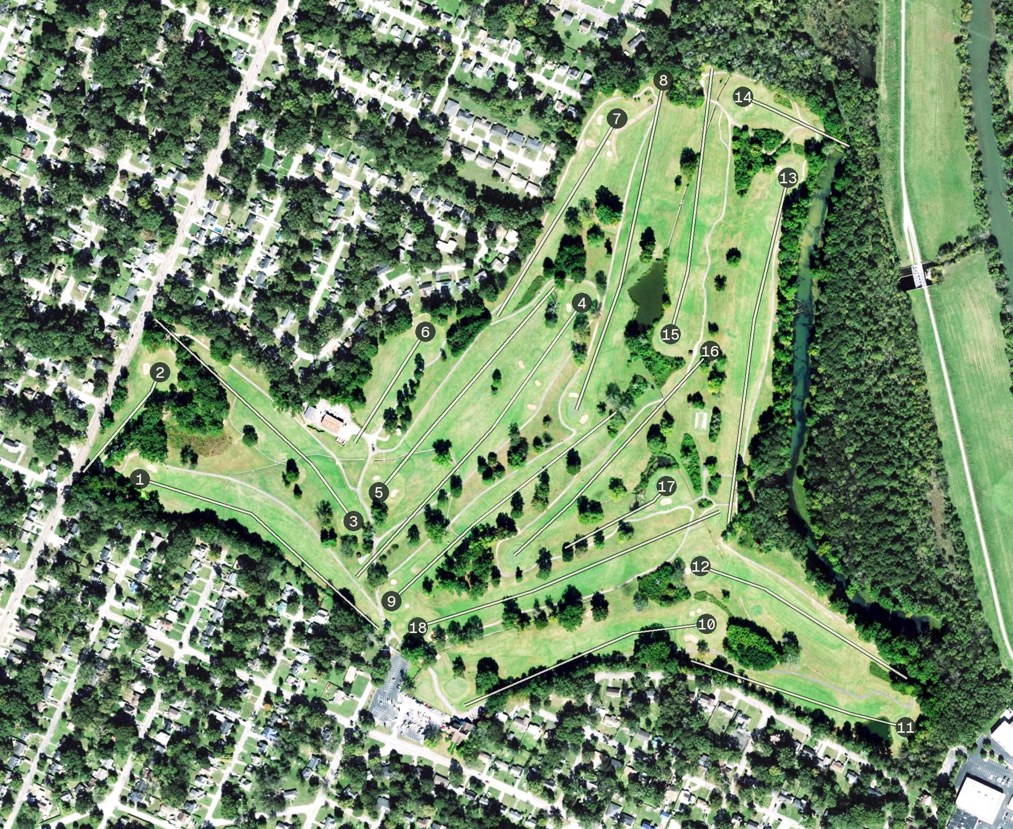Aerial view of Brainerd Golf Course, TN, with its hole routing marked
