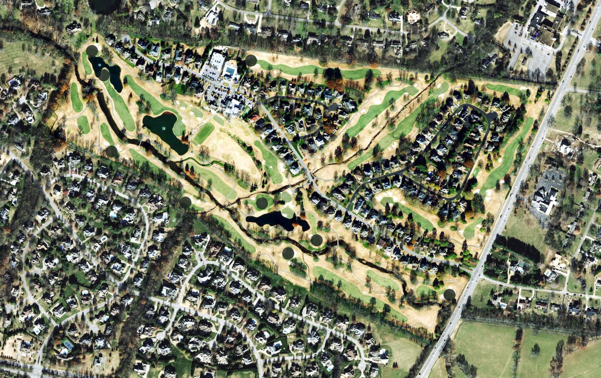 Aerial view of Brentwood Country Club, TN, with its hole routing marked