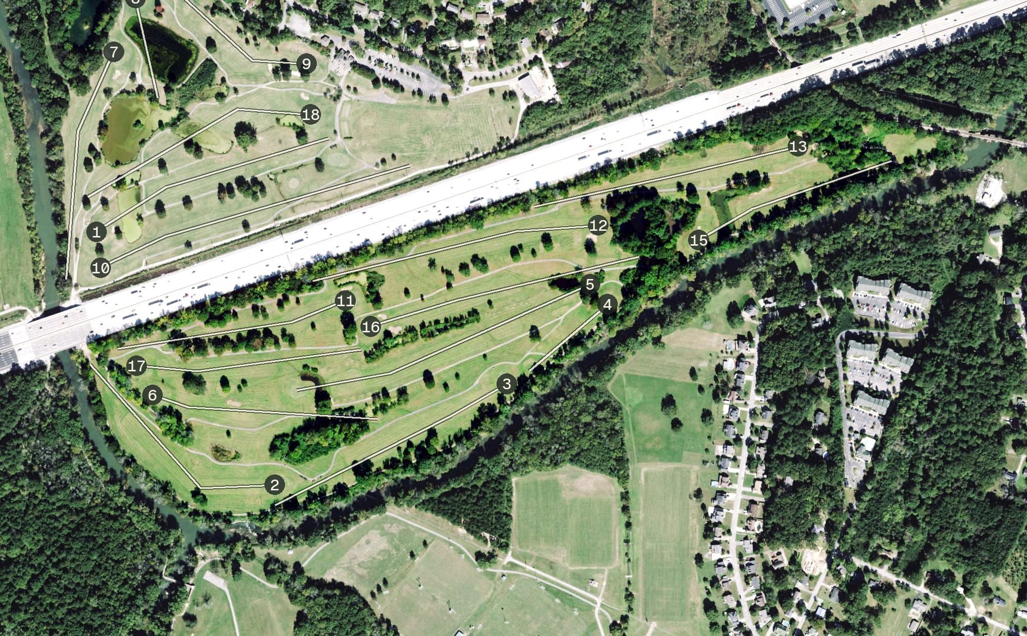 Aerial view of Brown Acres Golf Course, TN, with its hole routing marked