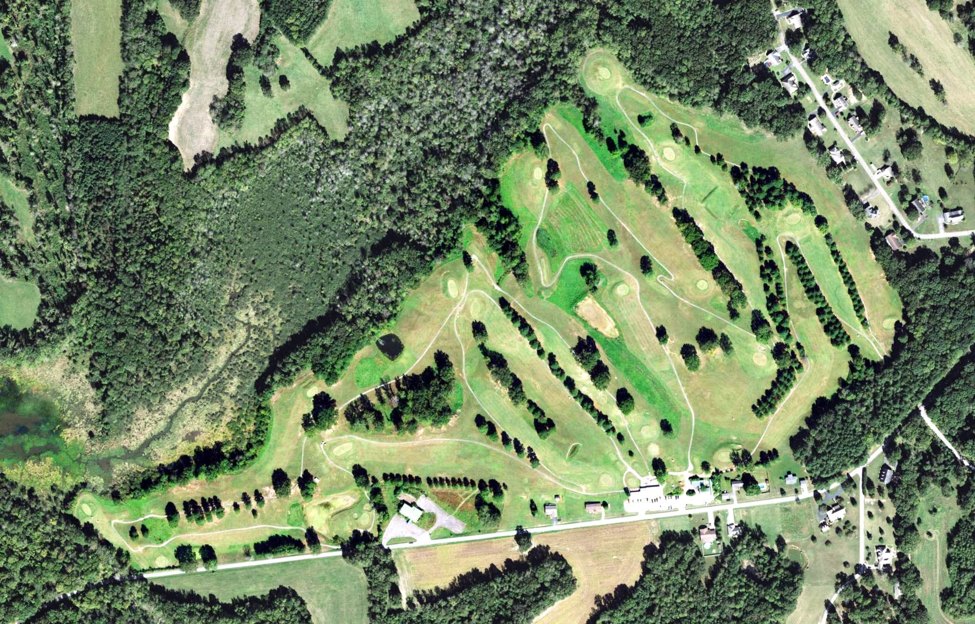 Aerial view of Carroll Lake Golf Course, TN, with its hole routing marked