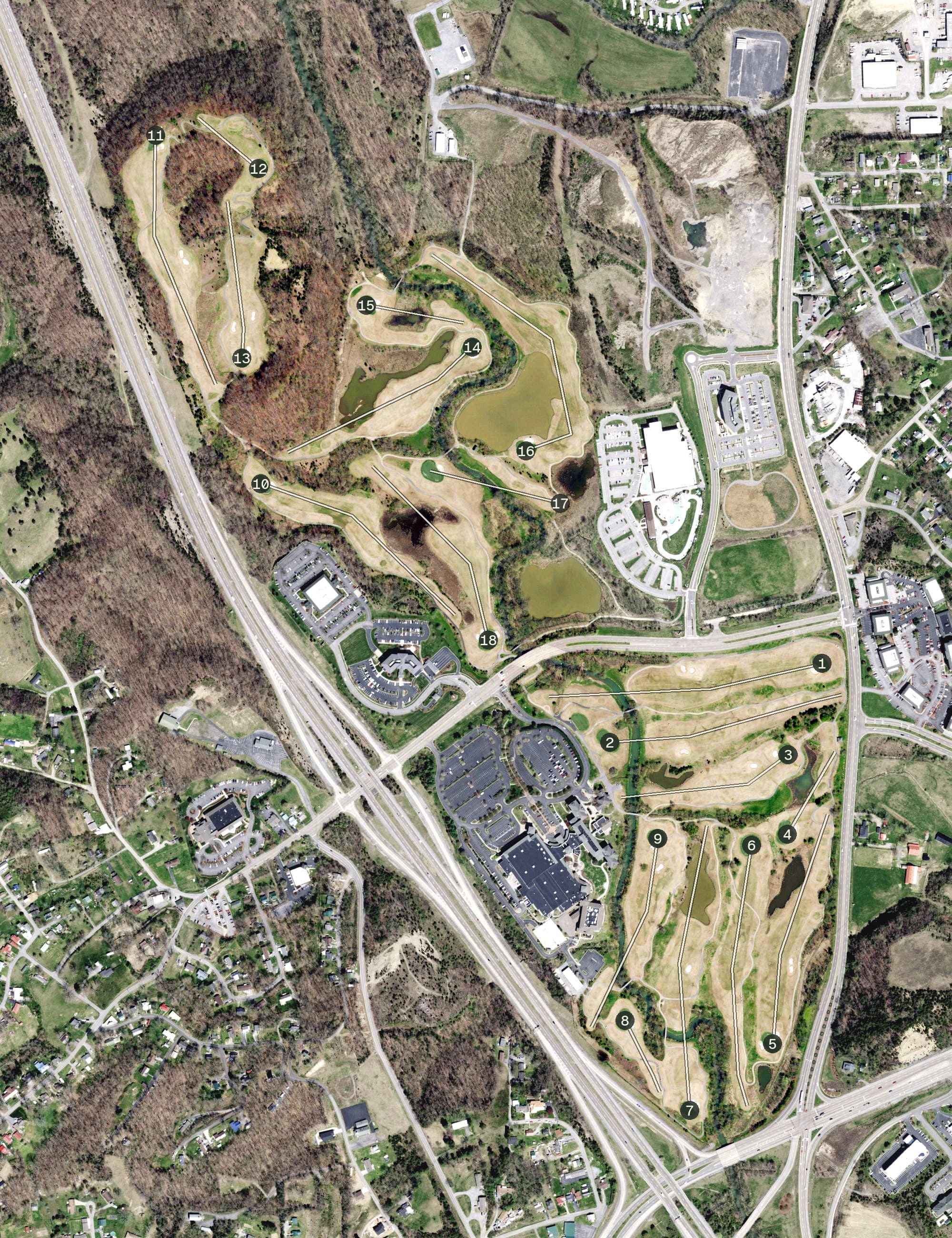 Aerial view of Cattails Golf Course, TN, with its hole routing marked