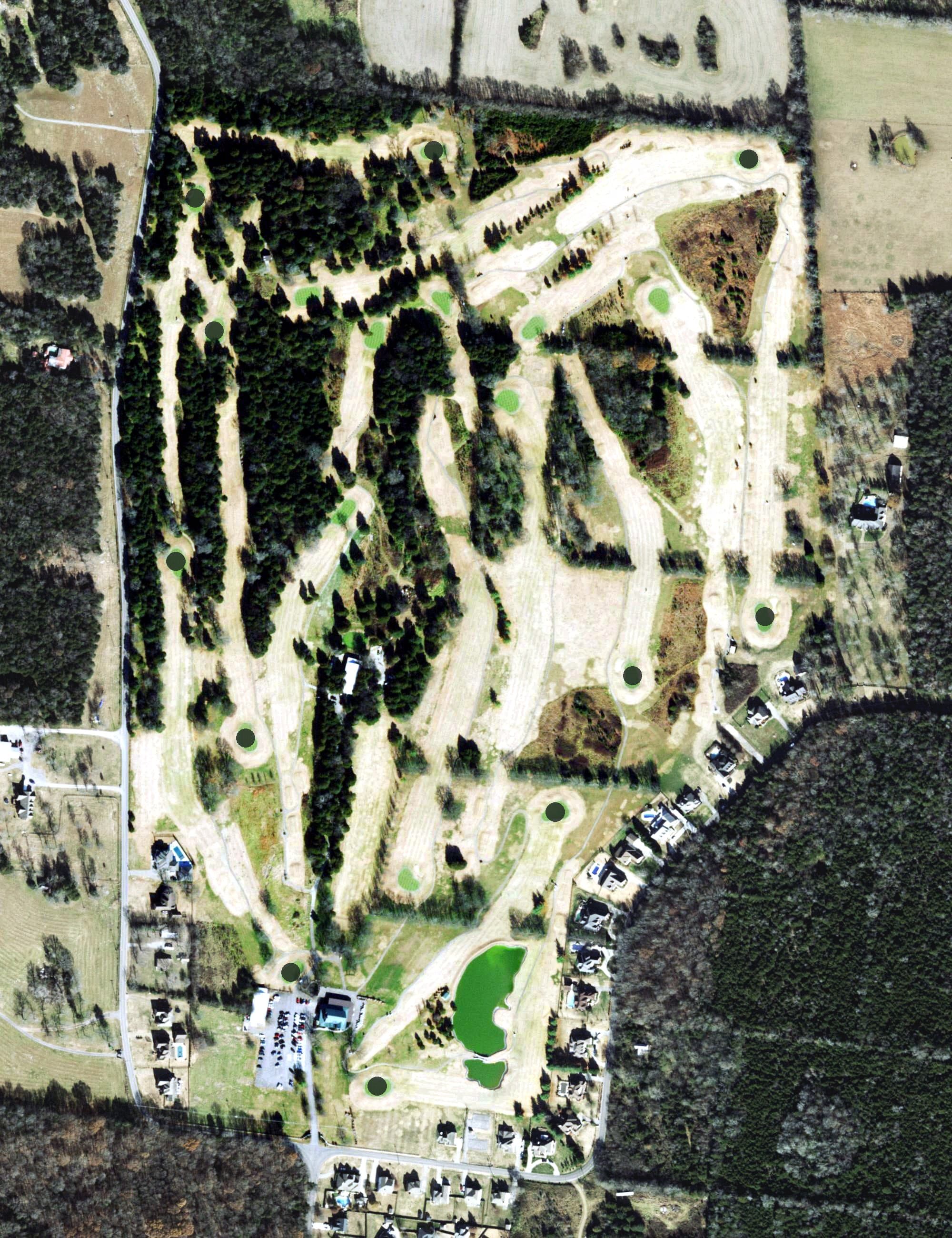 Aerial view of Cedar Crest Golf Club, TN, with its hole routing marked