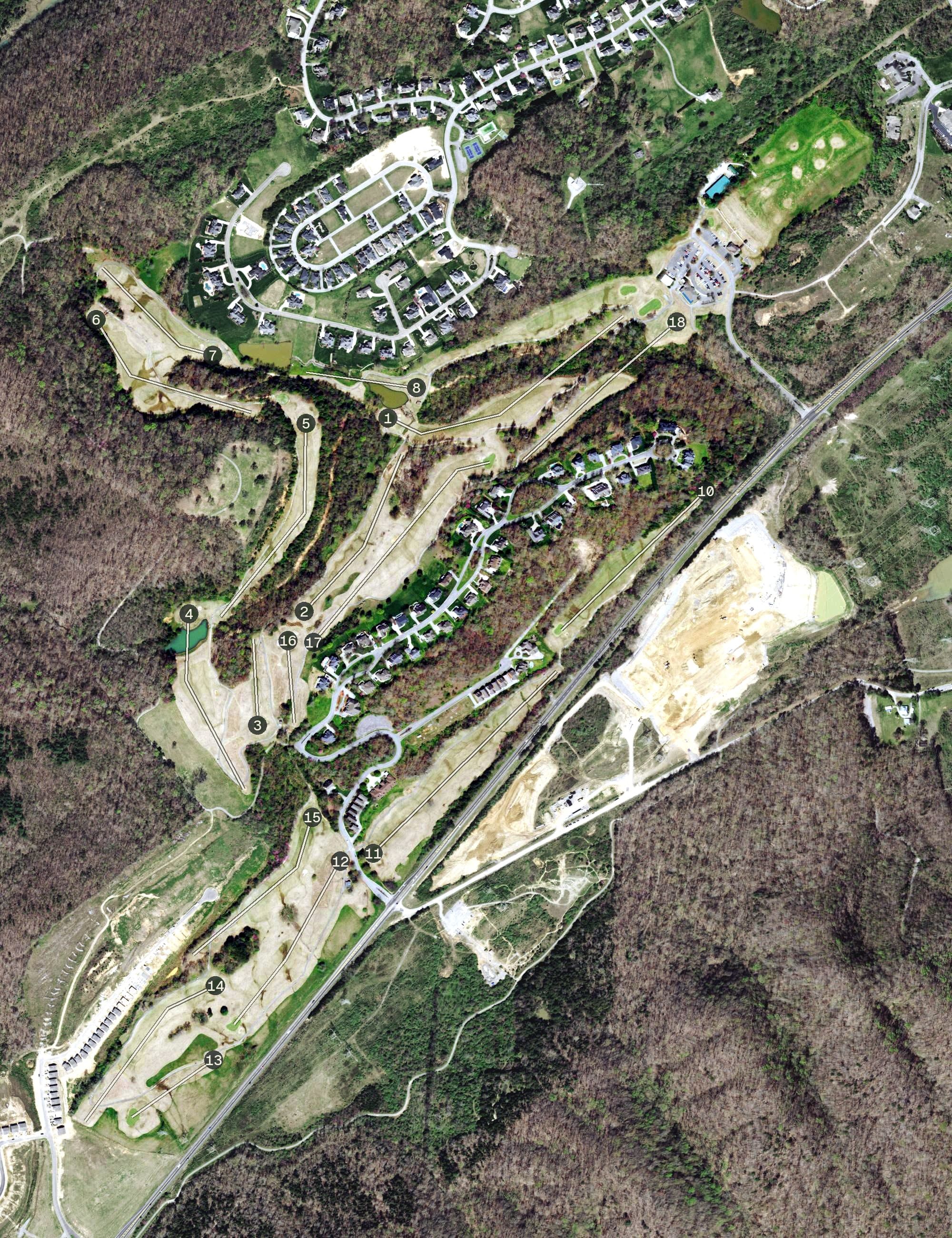 Aerial view of Centennial Golf Course, TN, with its hole routing marked