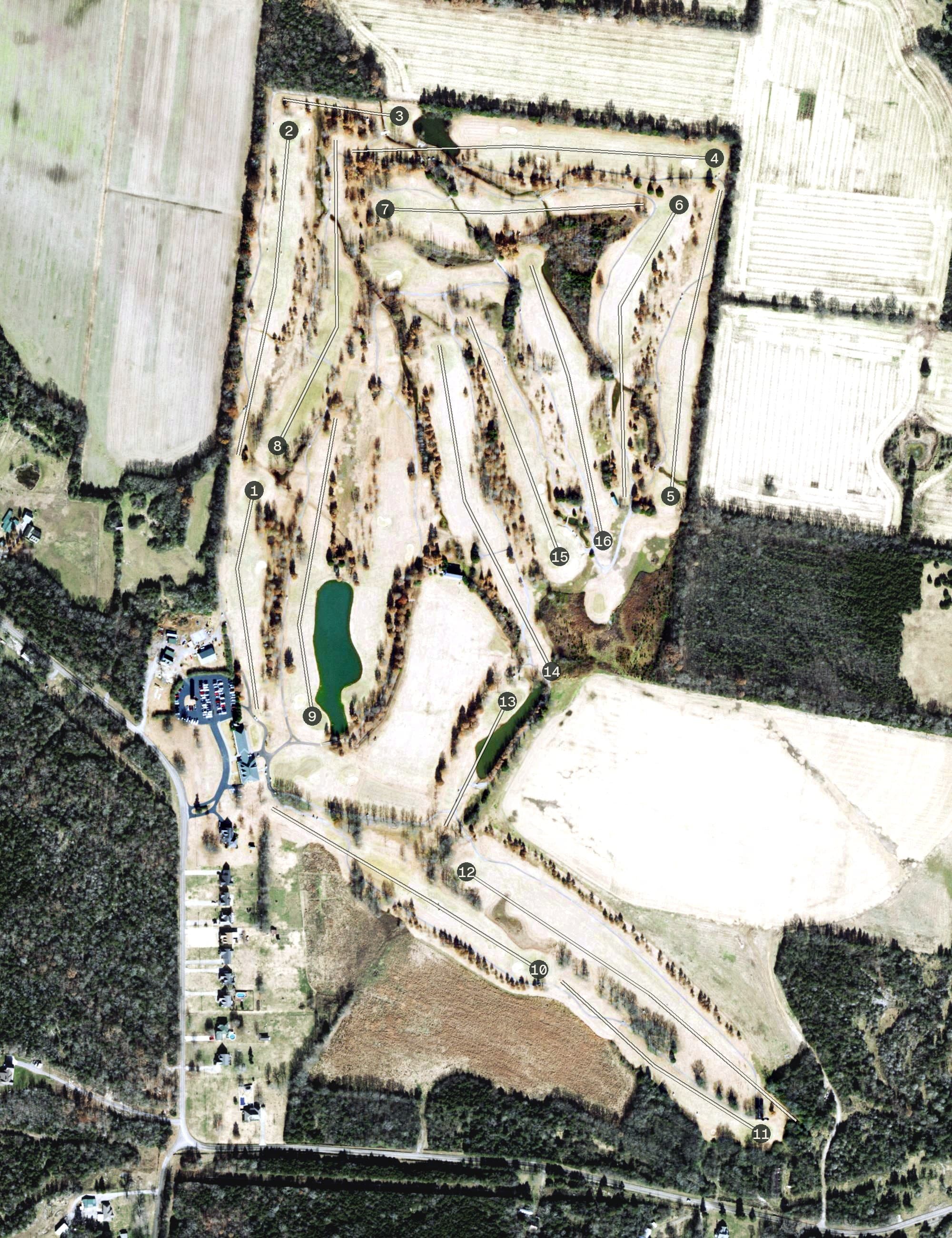 Aerial view of Champions Run Golf Course, TN, with its hole routing marked