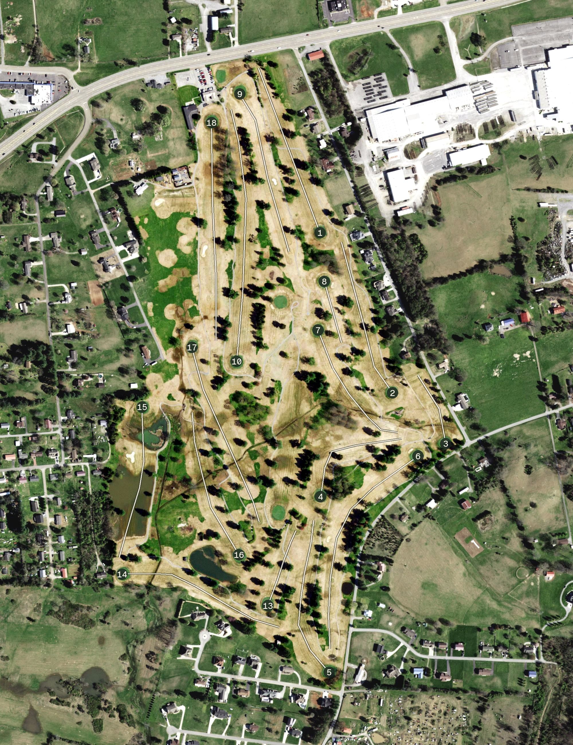 Aerial view of Clinchview Golf and Country Club, TN, with its hole routing marked