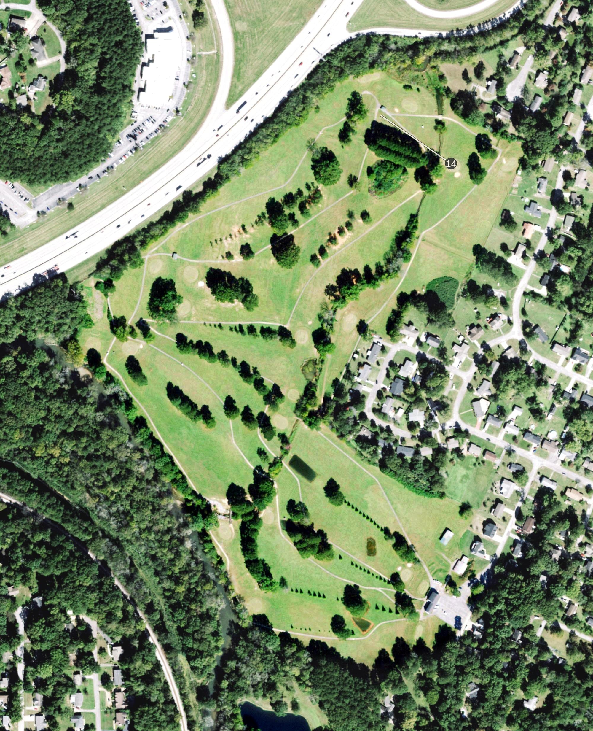 Aerial view of Concord Golf Course, TN, with its hole routing marked
