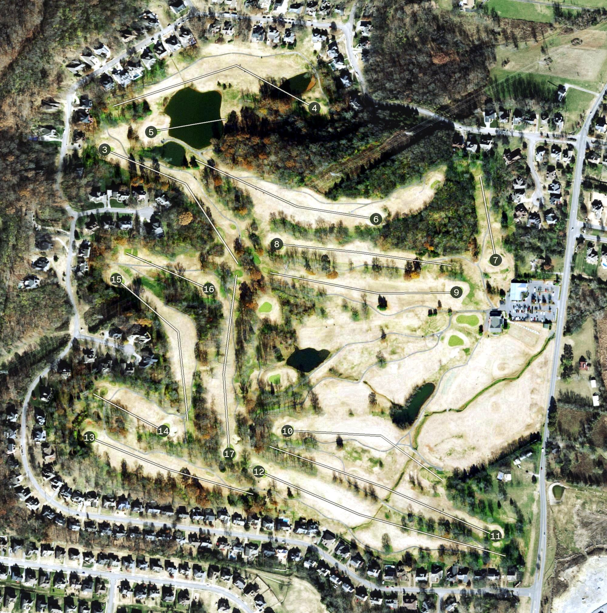 Aerial view of Country HIlls, TN, with its hole routing marked