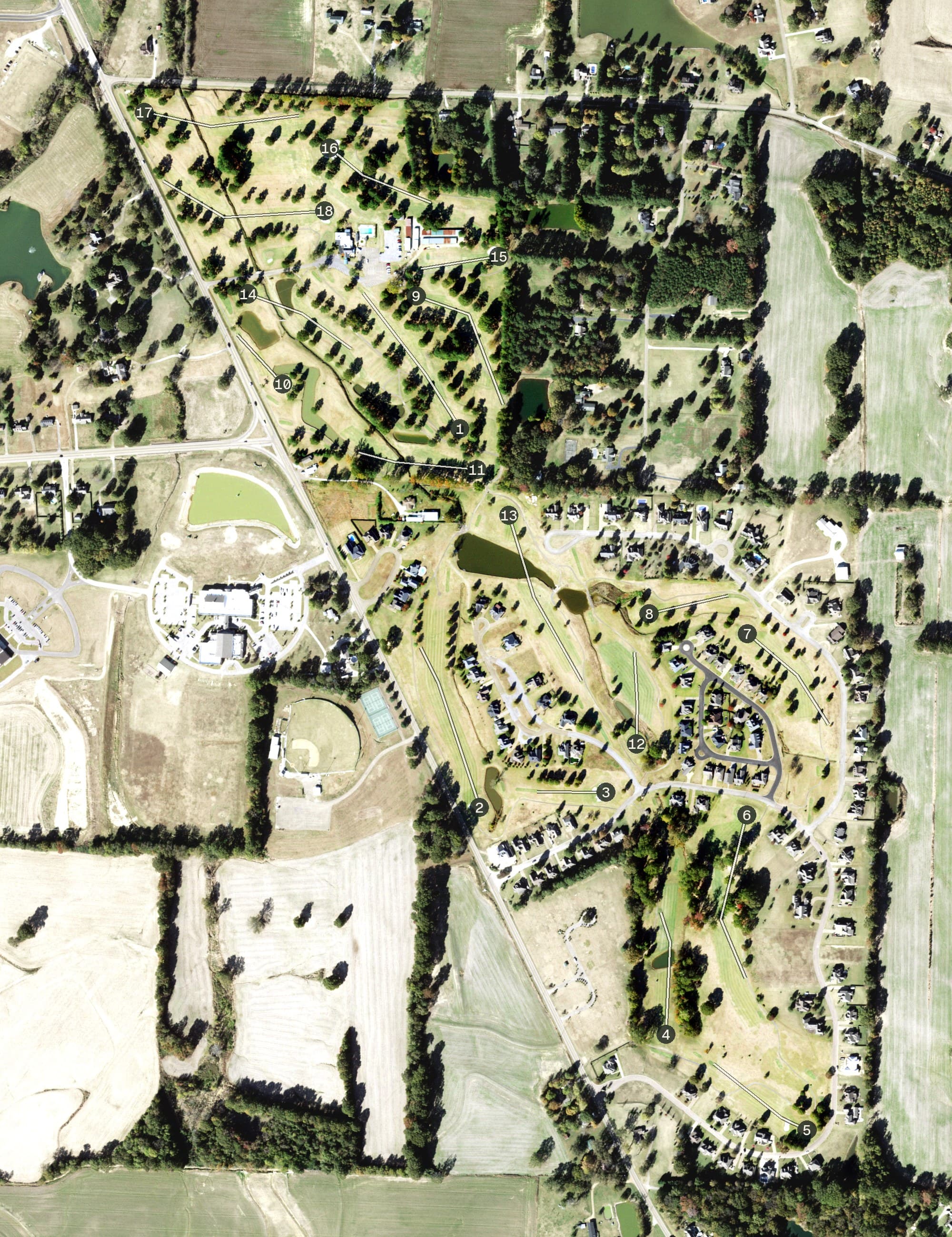 Aerial view of Covington Country Club, TN, with its hole routing marked