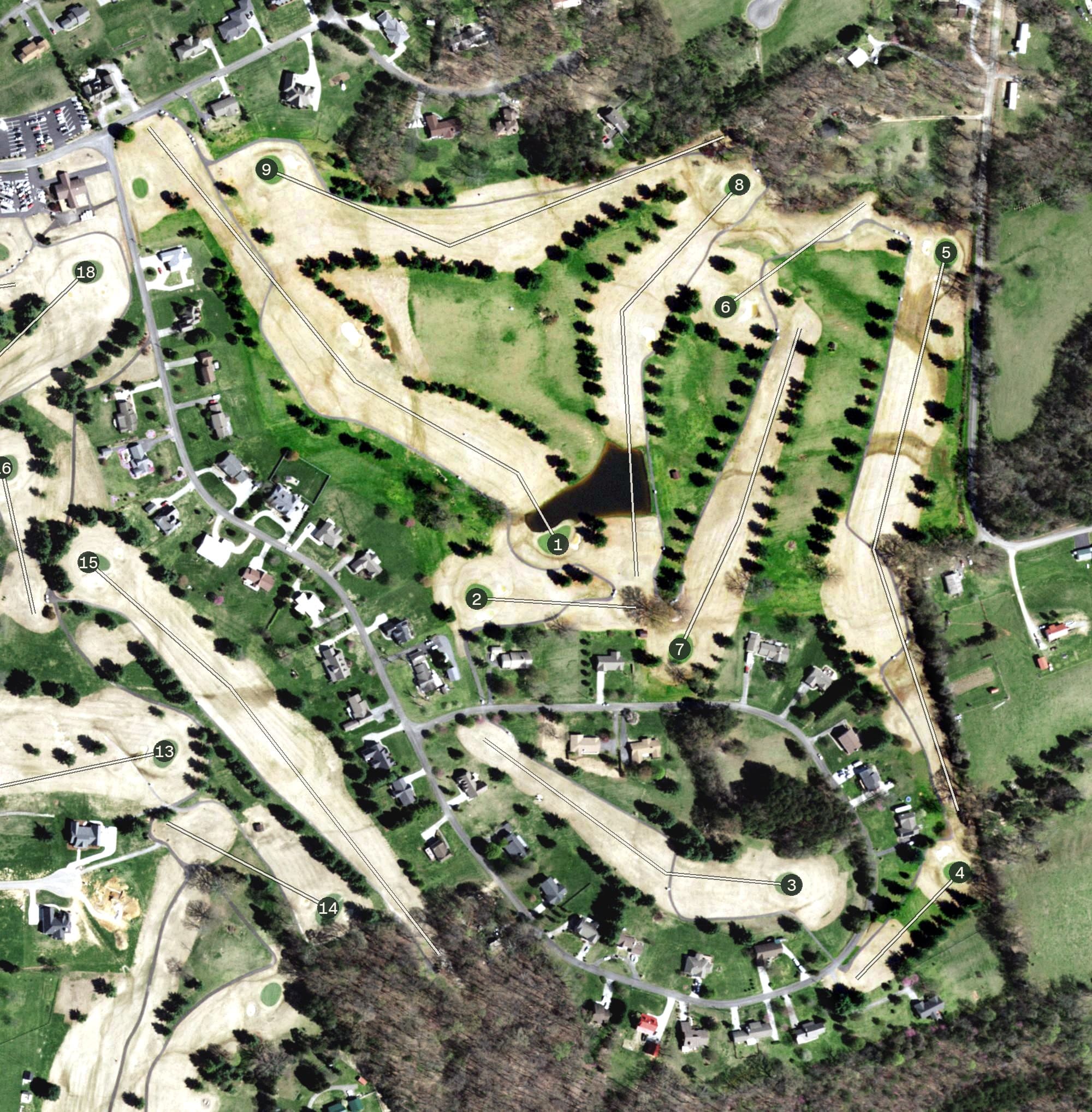 Aerial view of Dandridge Golf & Country Club, TN, with its hole routing marked