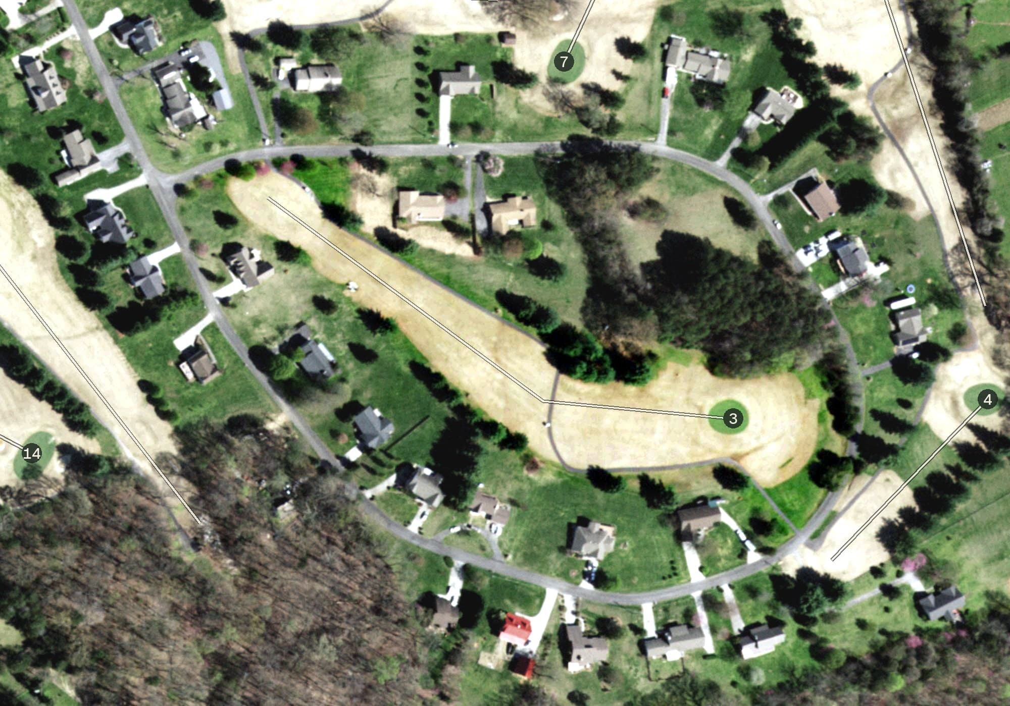 Aerial view of Dandridge Golf & Country Club, TN, with its hole routing marked