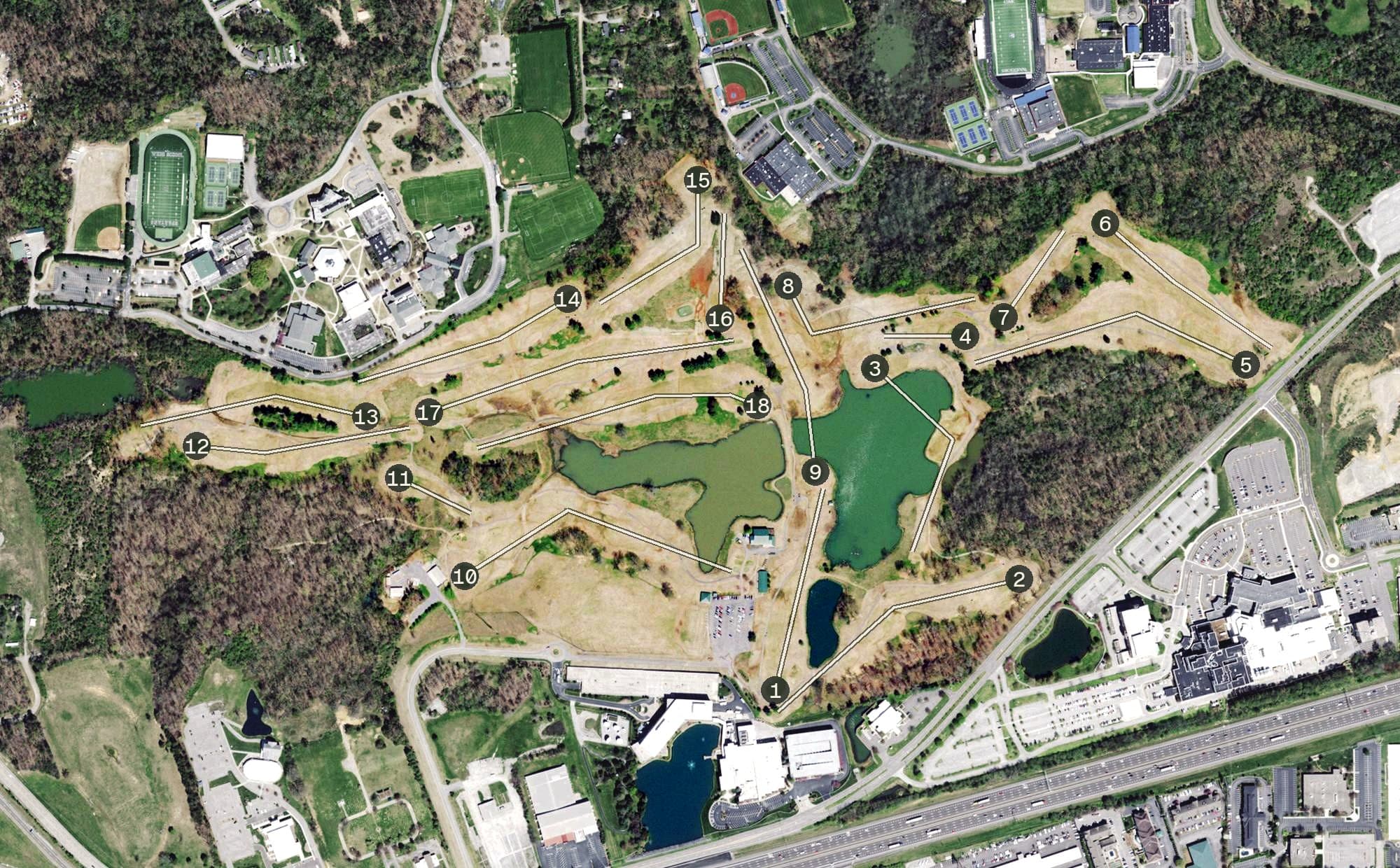 Aerial view of Dead Horse Lake Golf Course, TN, with its hole routing marked