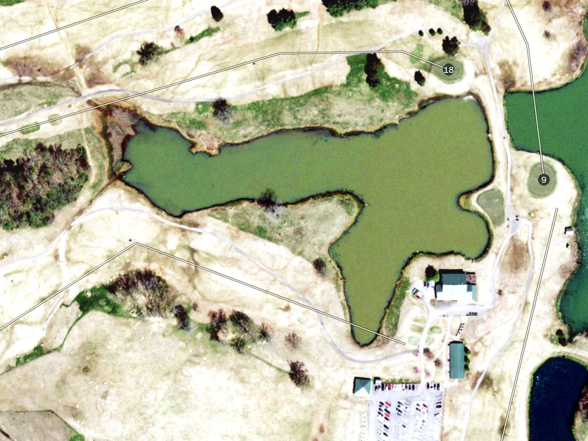 Aerial view of Dead Horse Lake, TN, with its hole routing marked