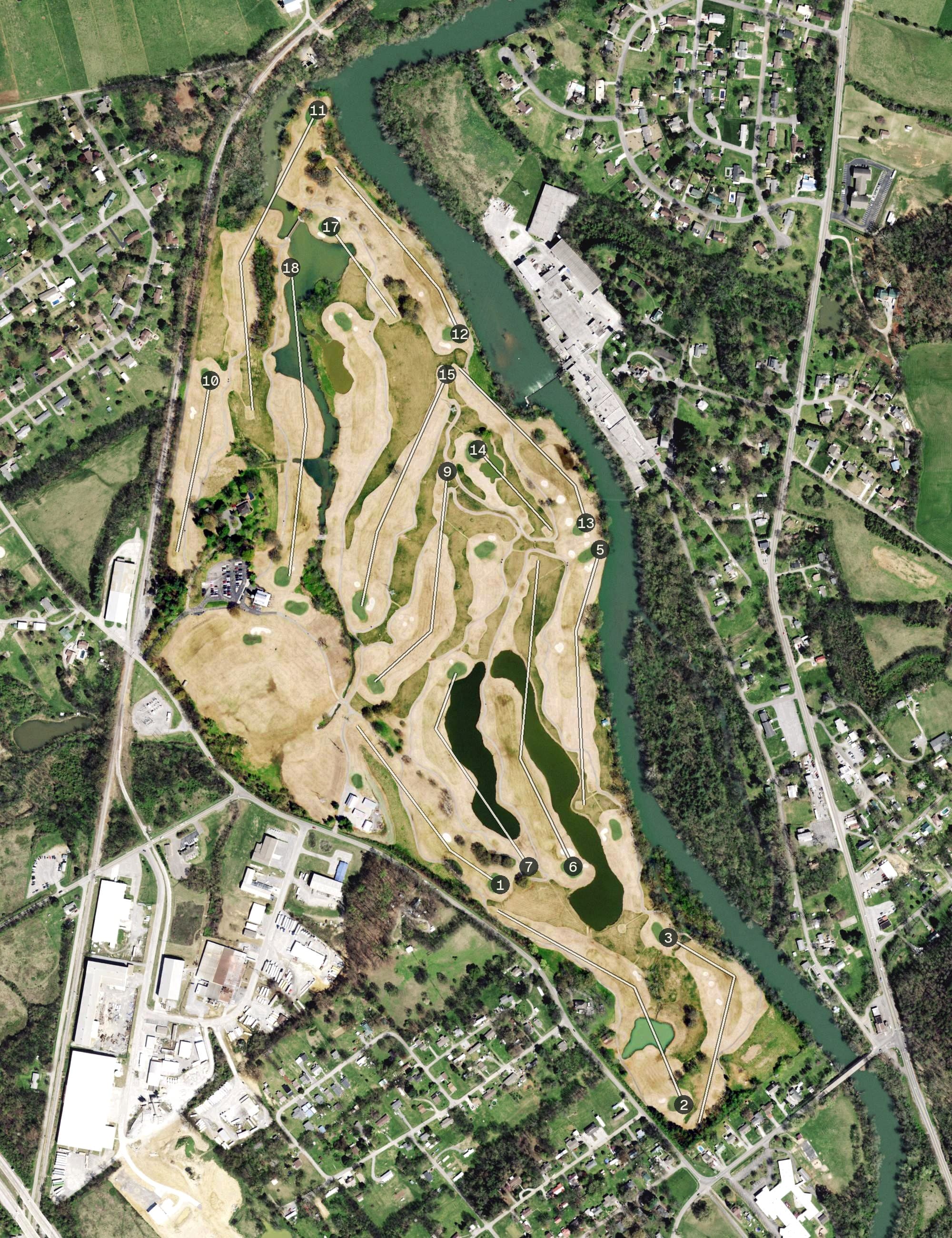 Aerial view of Egwani Farms, TN, with its hole routing marked