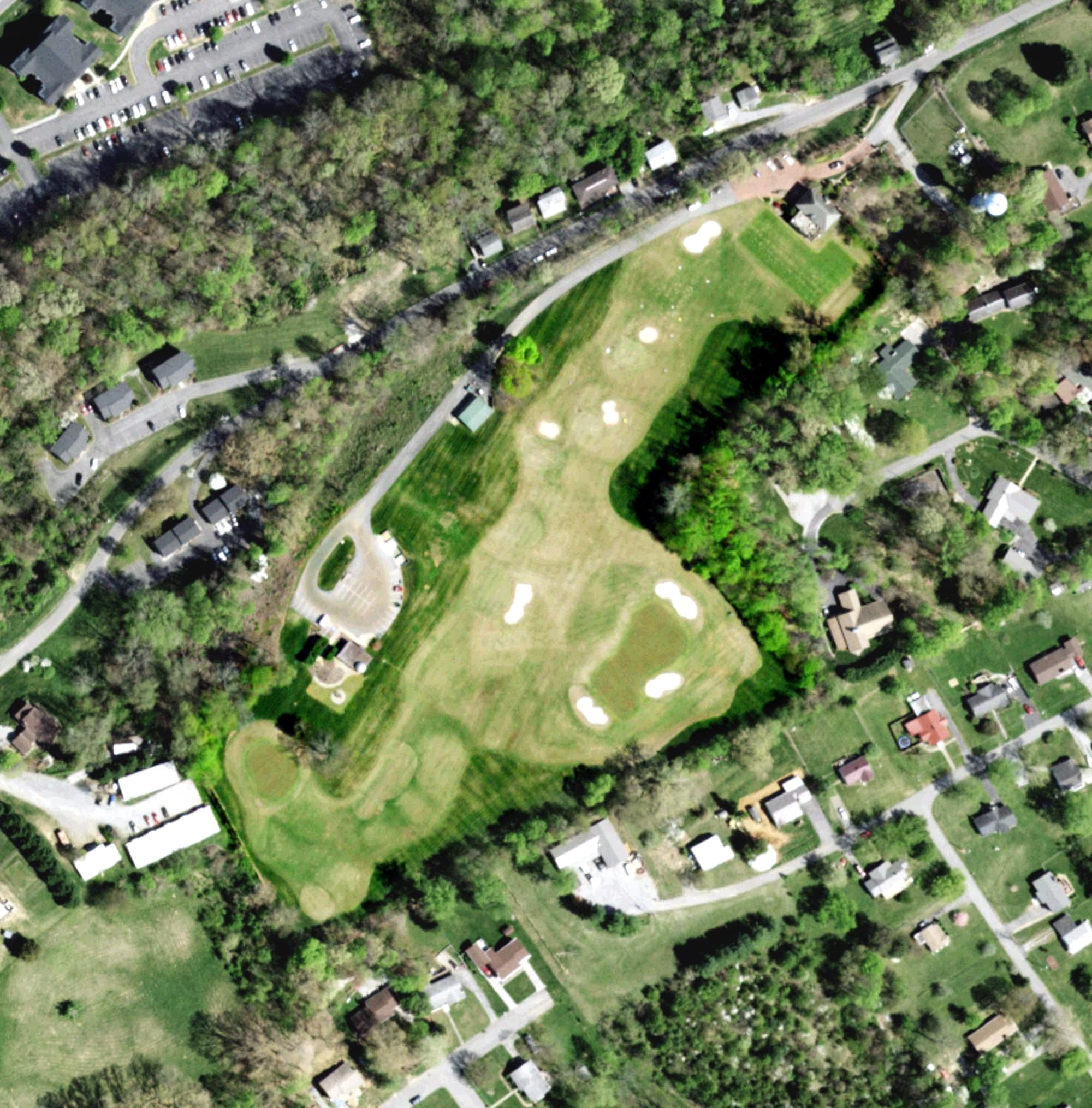Aerial view of ETSU Golf Course, TN, with its hole routing marked