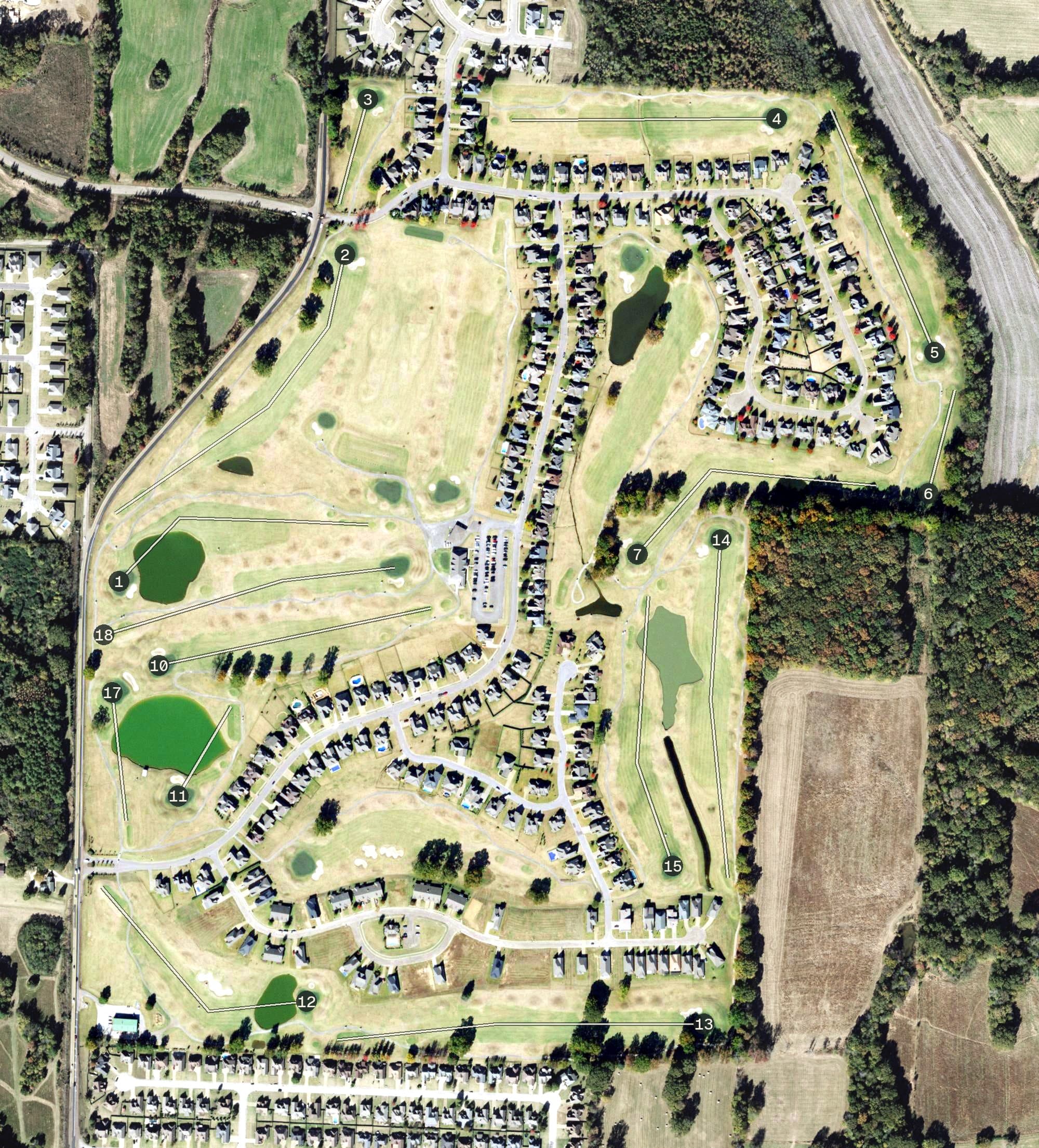 Aerial view of Fair Oaks Golf Course, TN, with its hole routing marked