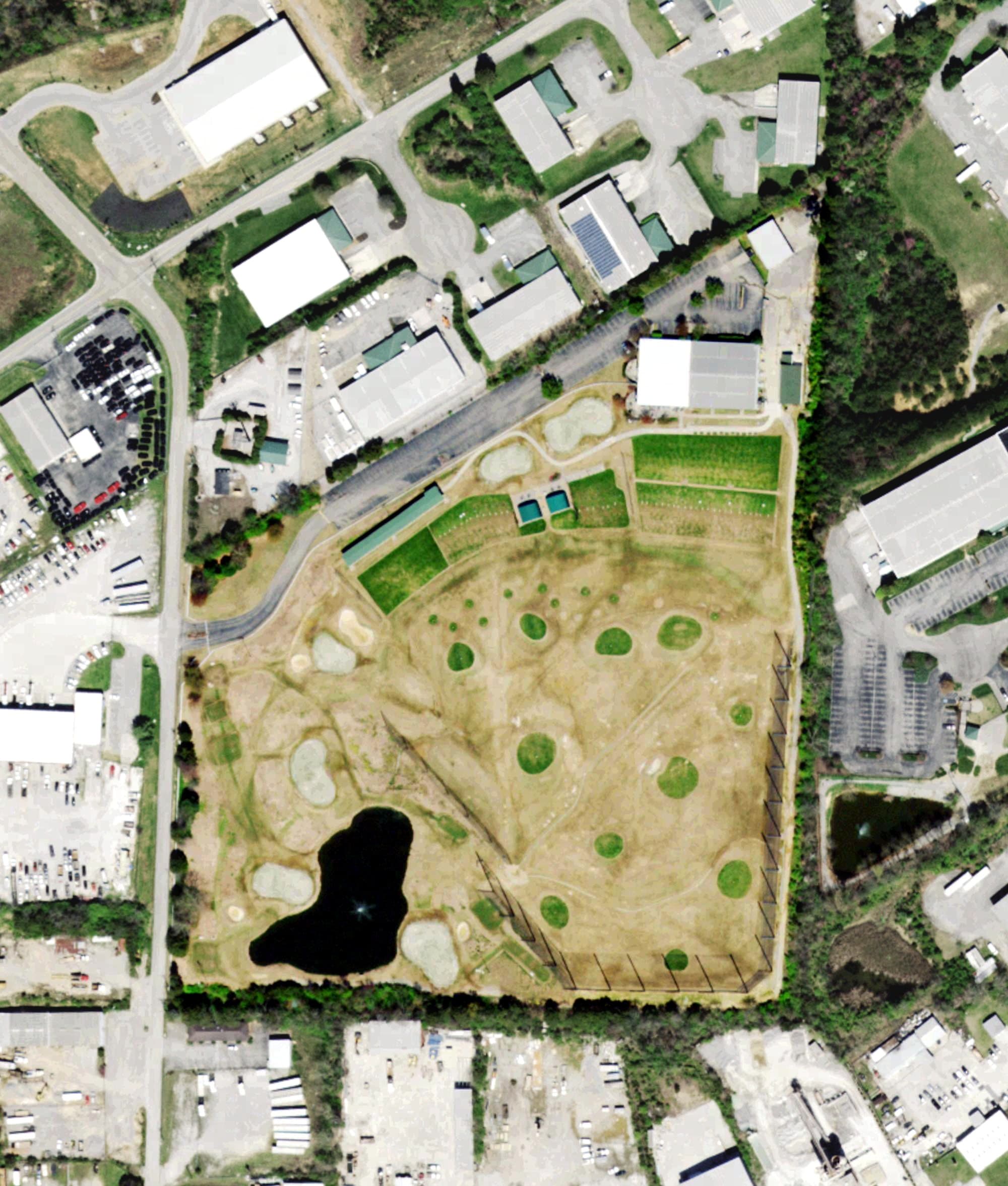 Aerial view of Fairways and Greens Golf Center, TN, with its hole routing marked