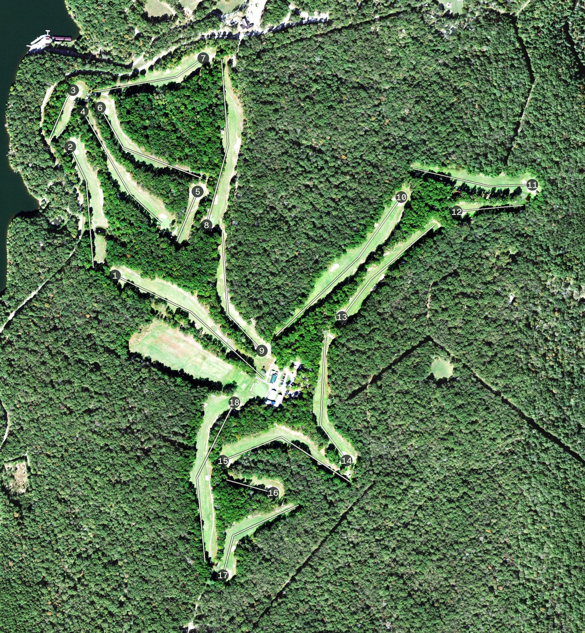 Aerial view of Fall Creek Falls Golf Course, TN, with its hole routing marked