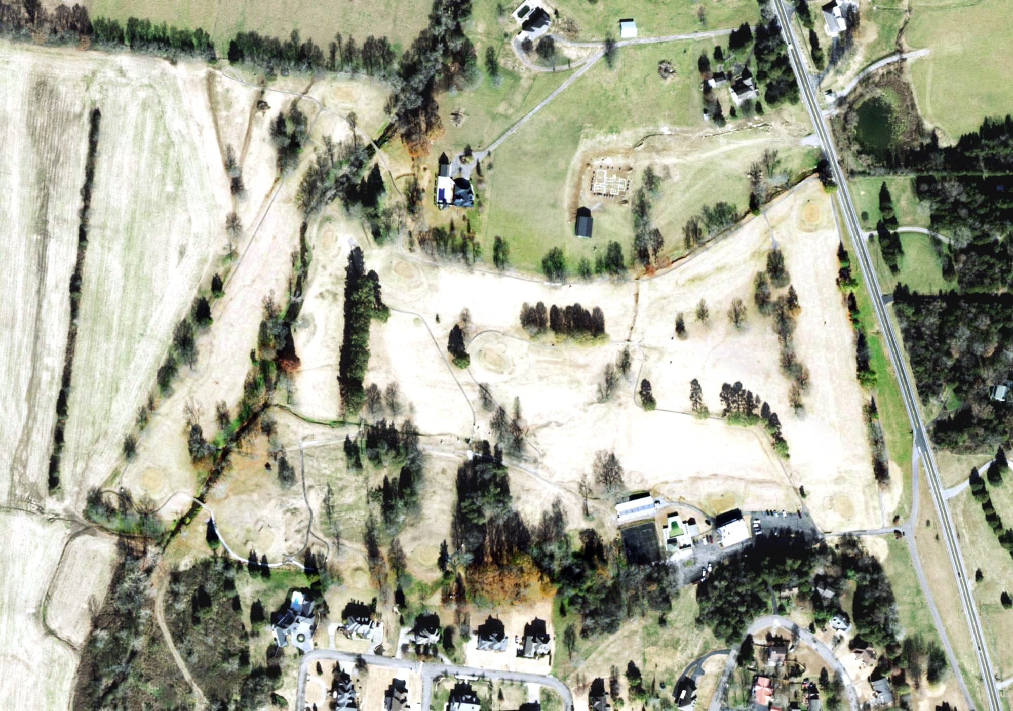 Aerial view of Fayetteville Golf and Country Club, TN, with its hole routing marked