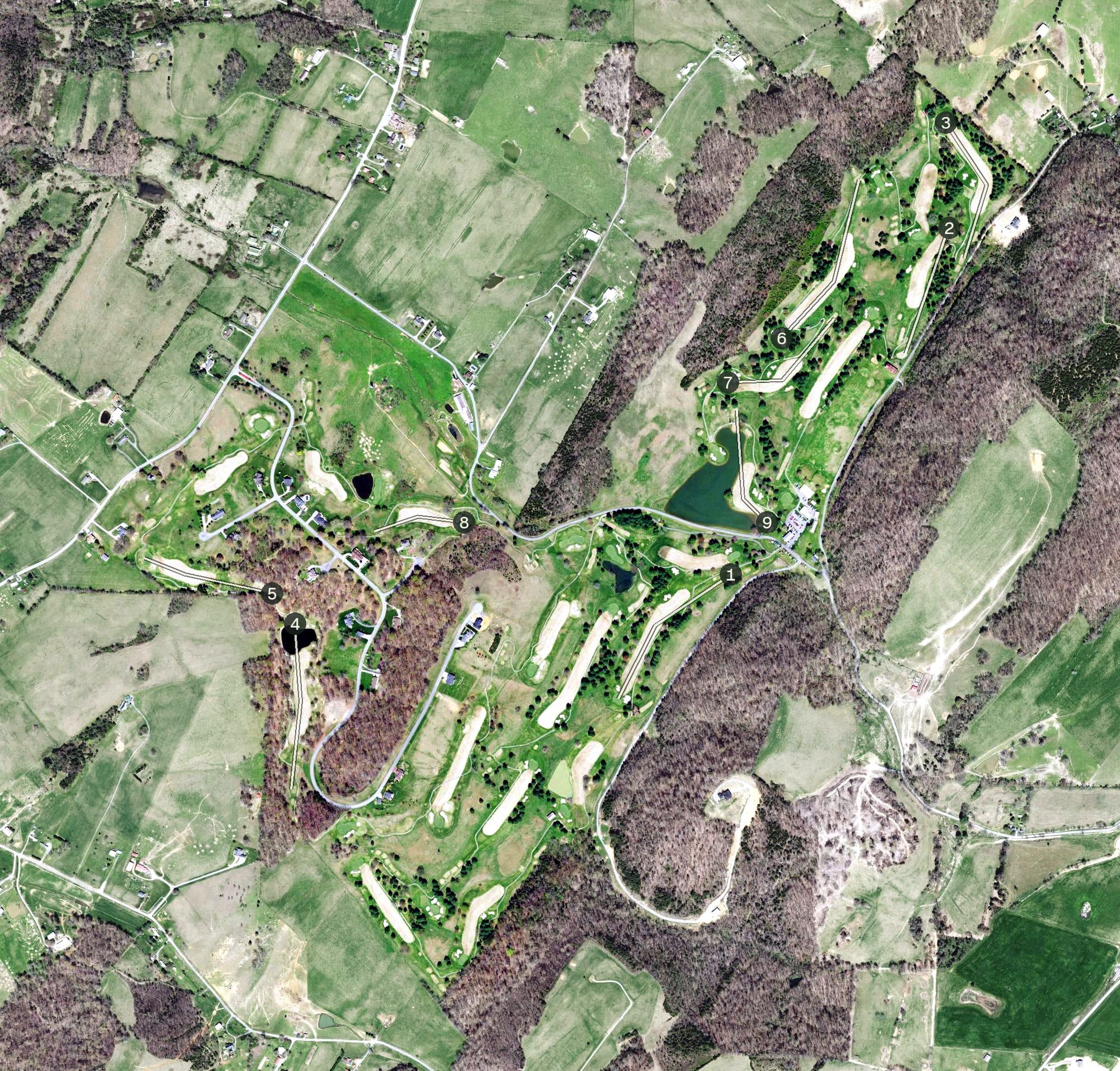 Aerial view of Graysburg Hills Golf Course, TN, with its hole routing marked