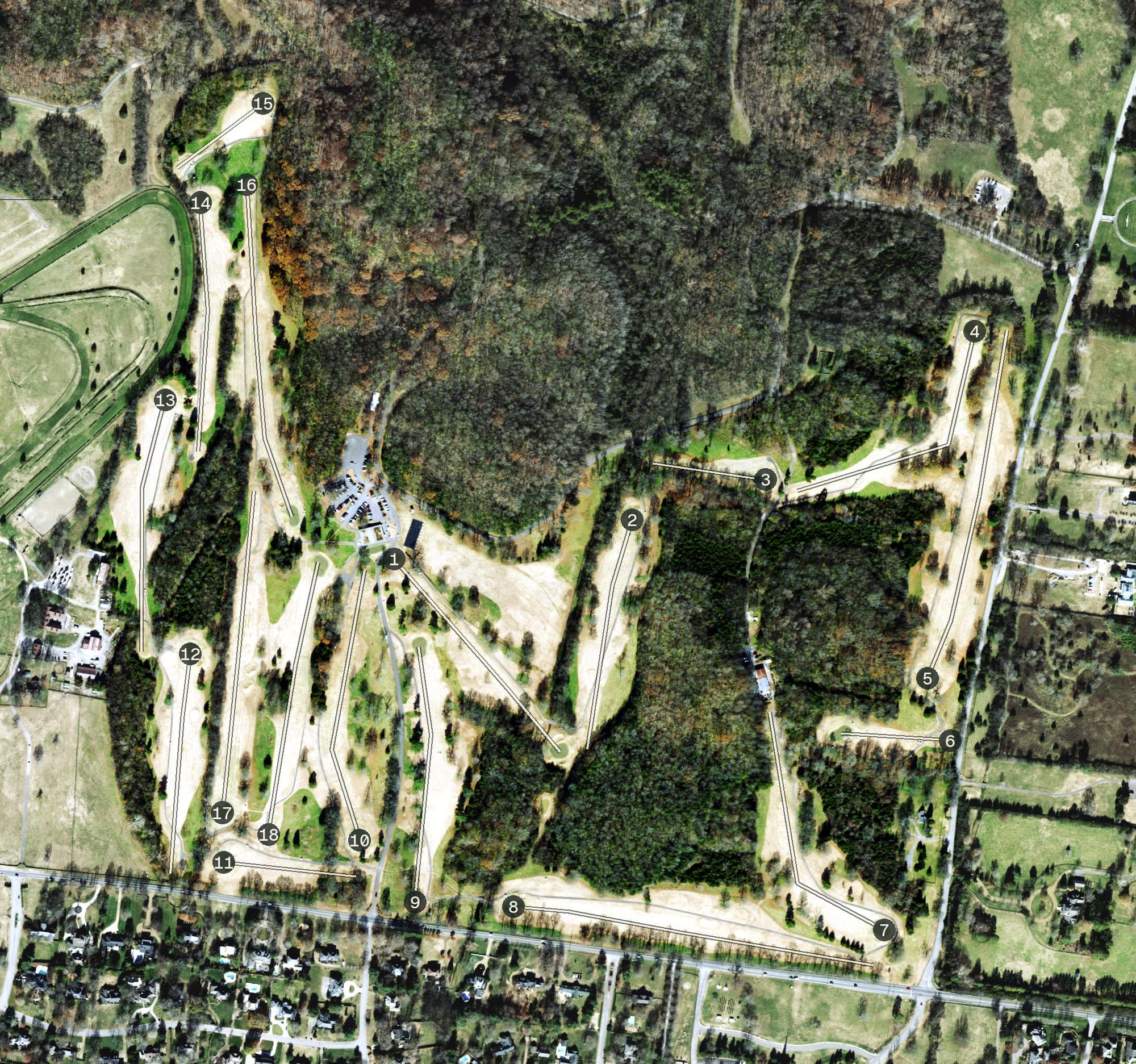 Aerial view of Harpeth Hills Golf Course, TN, with its hole routing marked