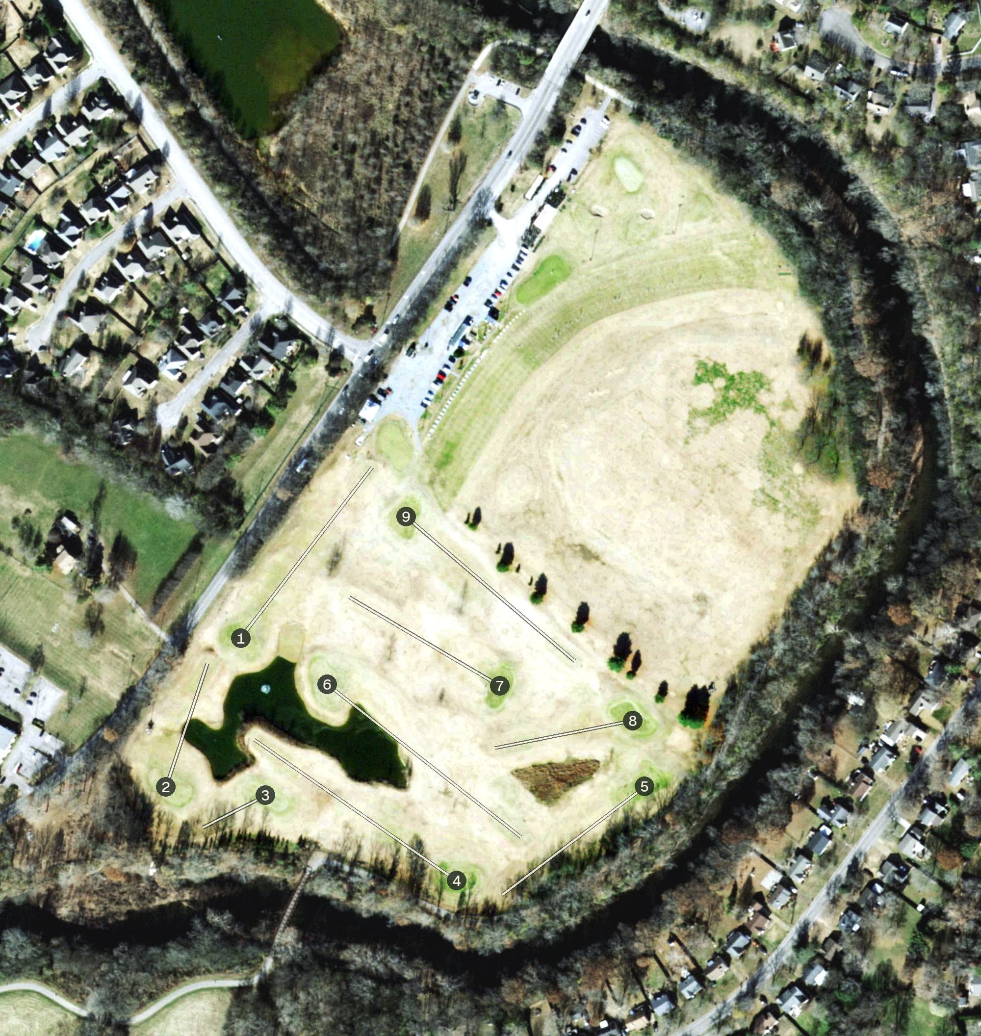 Aerial view of Harpeth Valley Golf Center, TN, with its hole routing marked