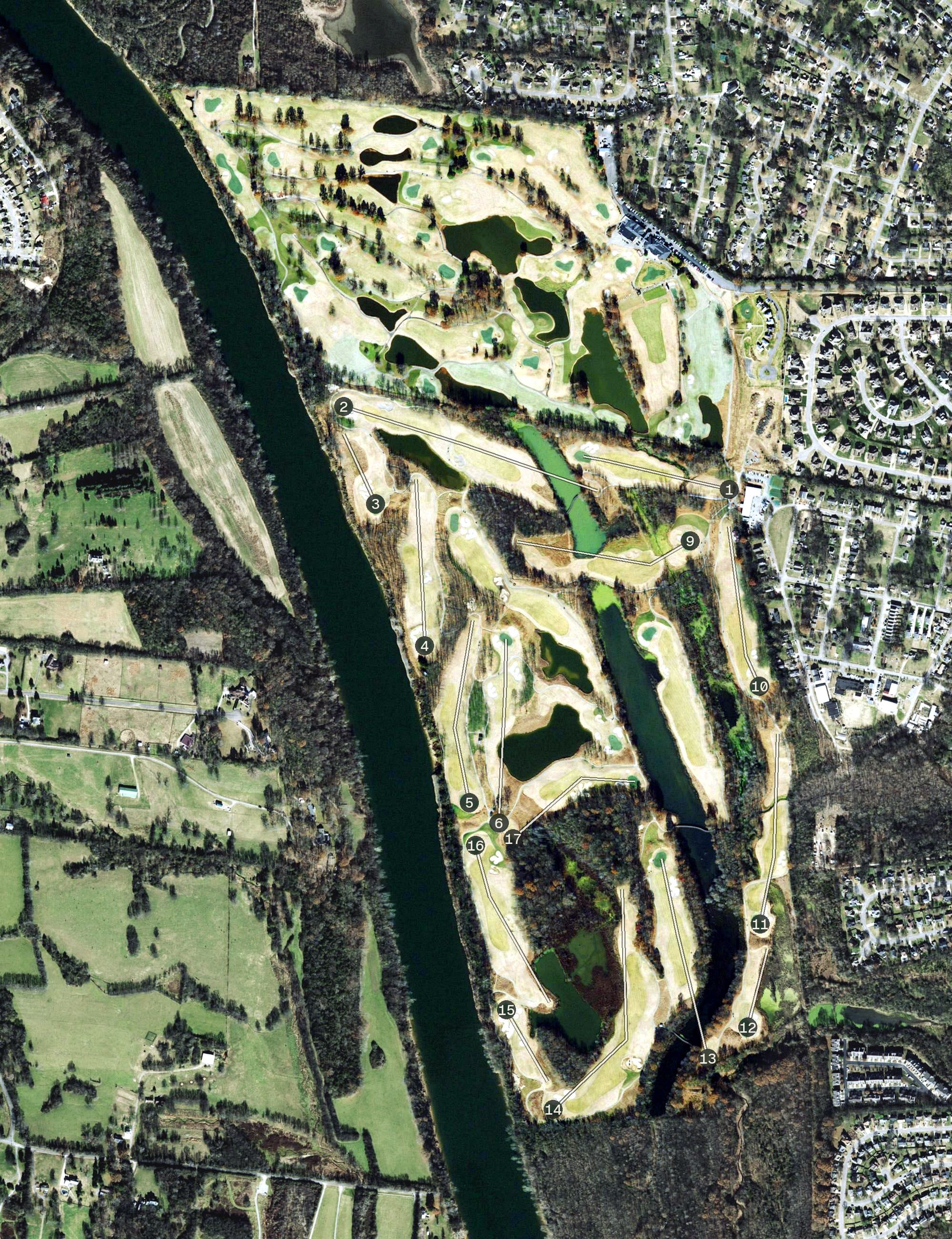 Aerial view of Hermitage Golf Course, TN, with its hole routing marked