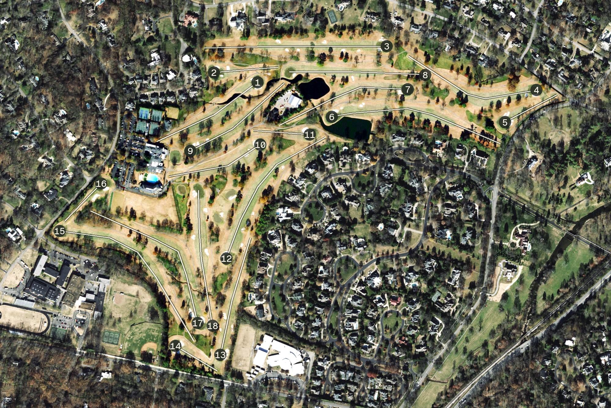 Aerial view of Hillwood Country Club, TN, with its hole routing marked